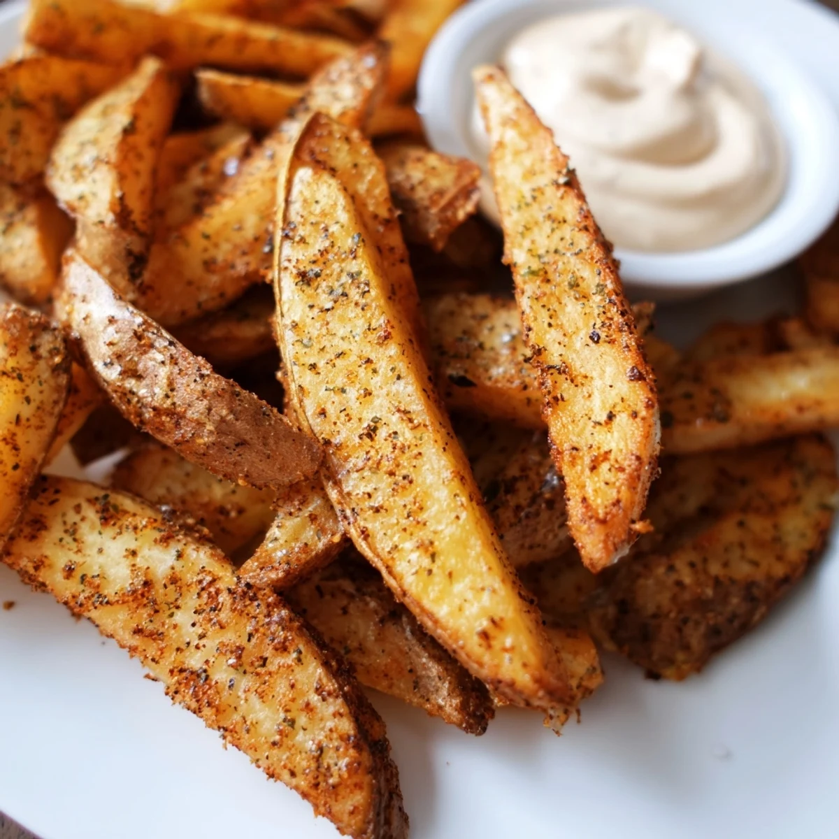 Freshly baked Cajun Spiced Fries with Remoulade Dip garnished with parsley.  