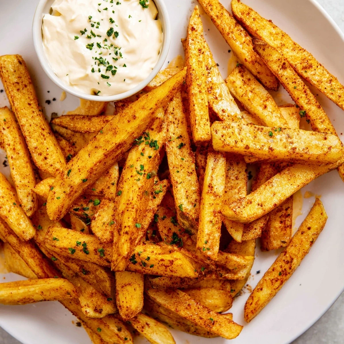Homemade Cajun Spiced Fries with Remoulade Dip on a wooden board.
