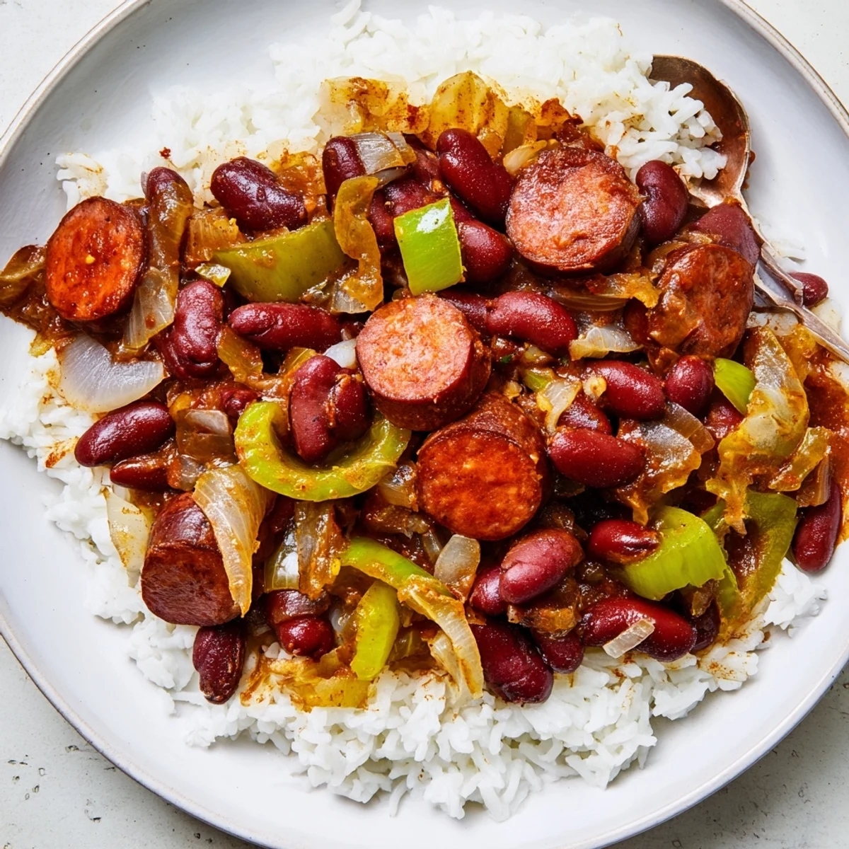 Red Beans and Rice with Beef Sausage simmered in a savory Creole sauce, garnished with fresh green onions and parsley.  