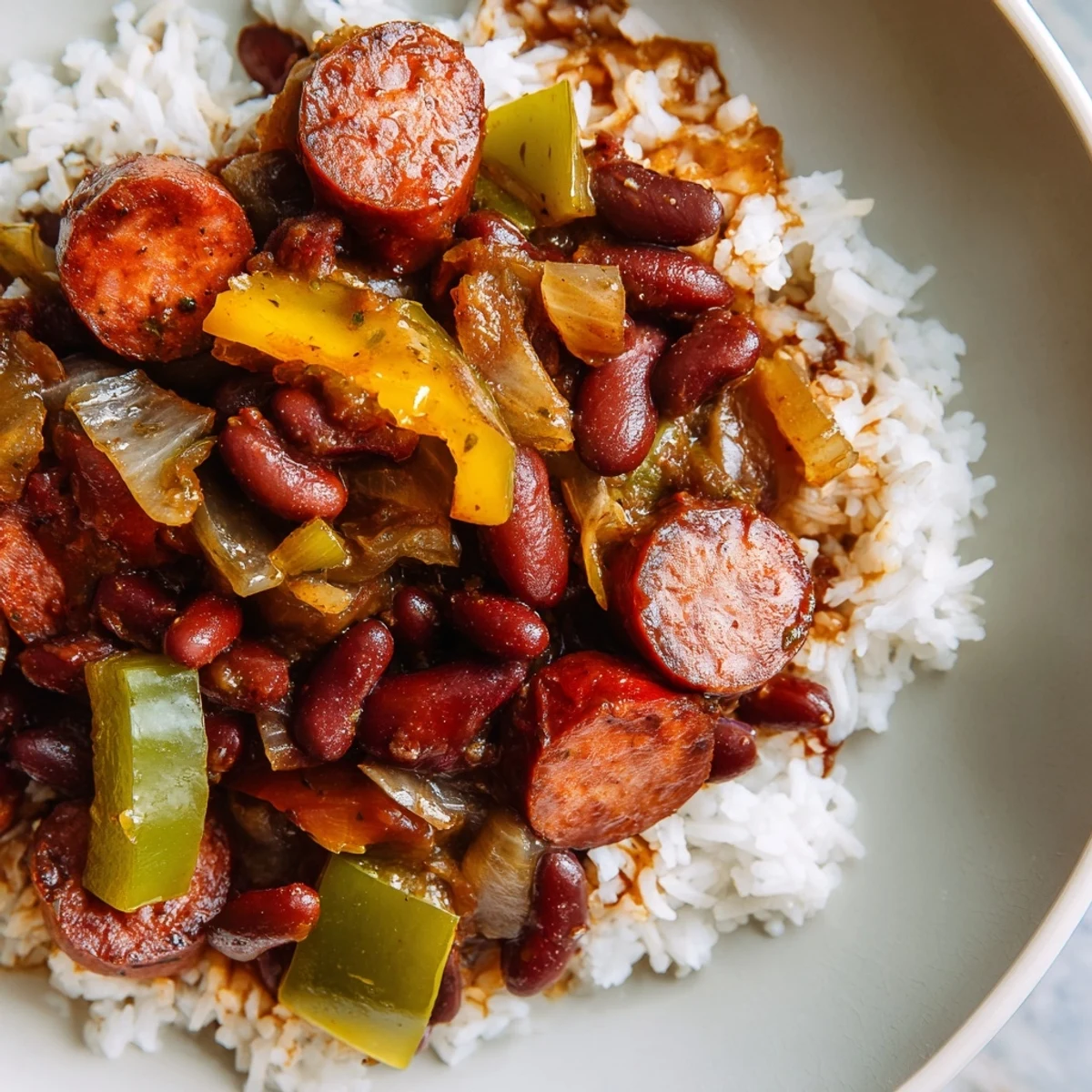 A hearty bowl of Red Beans and Rice with Beef Sausage, featuring creamy beans and smoky sausage slices over fluffy rice.  