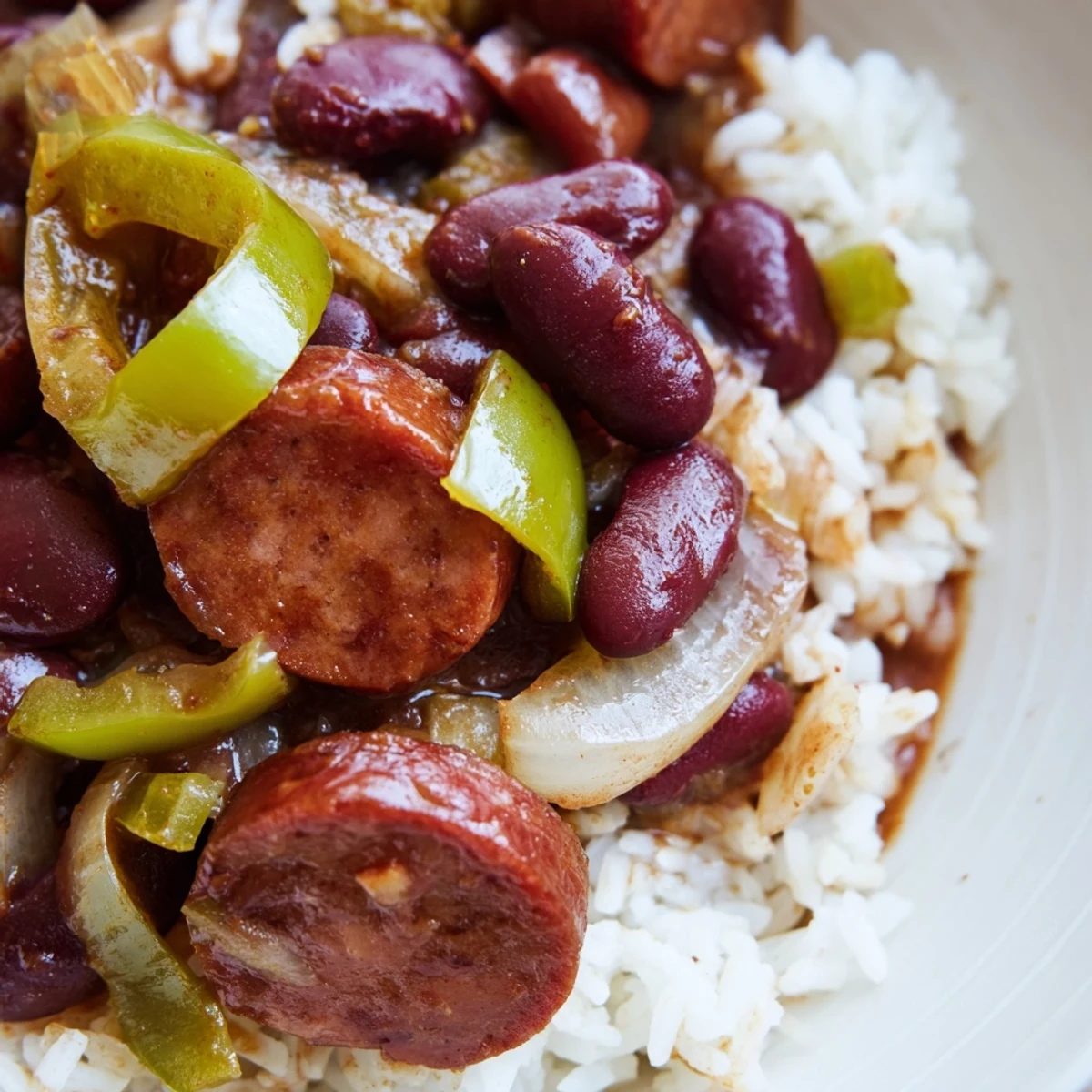 Southern-style Red Beans and Rice with Beef Sausage in a rustic pot, served steaming hot with a side of cornbread.
