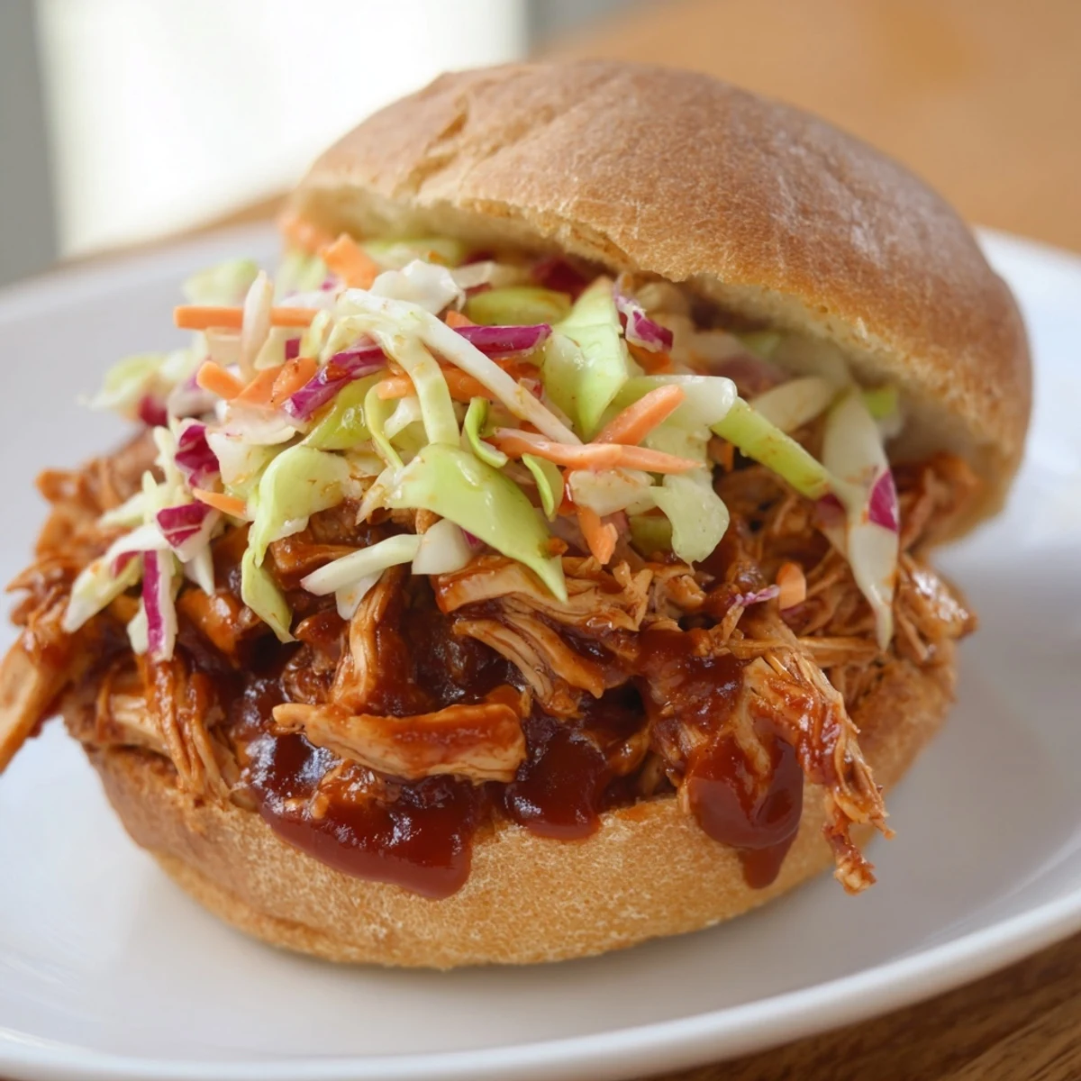 Golden toasted buns hold tender pulled chicken in tangy barbecue sauce, topped with crisp, colorful slaw.