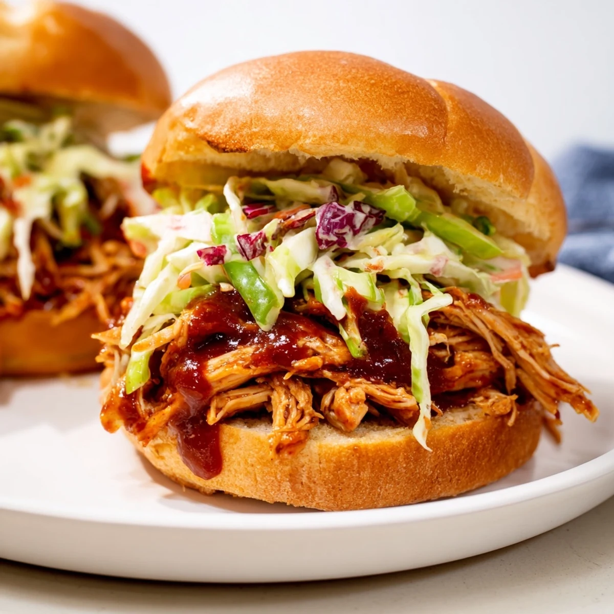 Pulled Chicken Sandwiches with Slaw are piled high on soft buns with refreshing slaw.