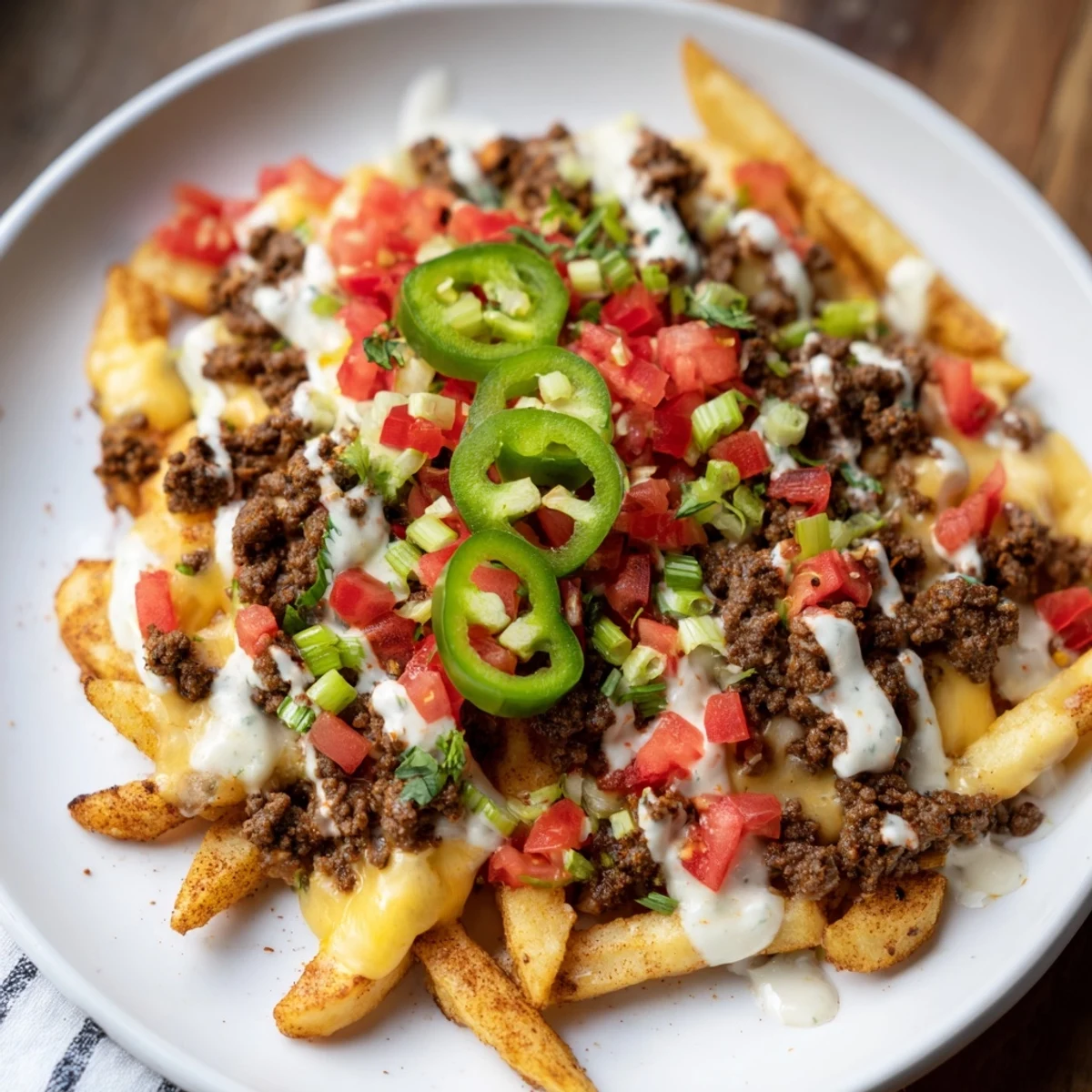 A close-up of Loaded Nacho Fries with Queso and Beef shows fresh tomatoes, jalapeños, and green onions adding vibrant color.  