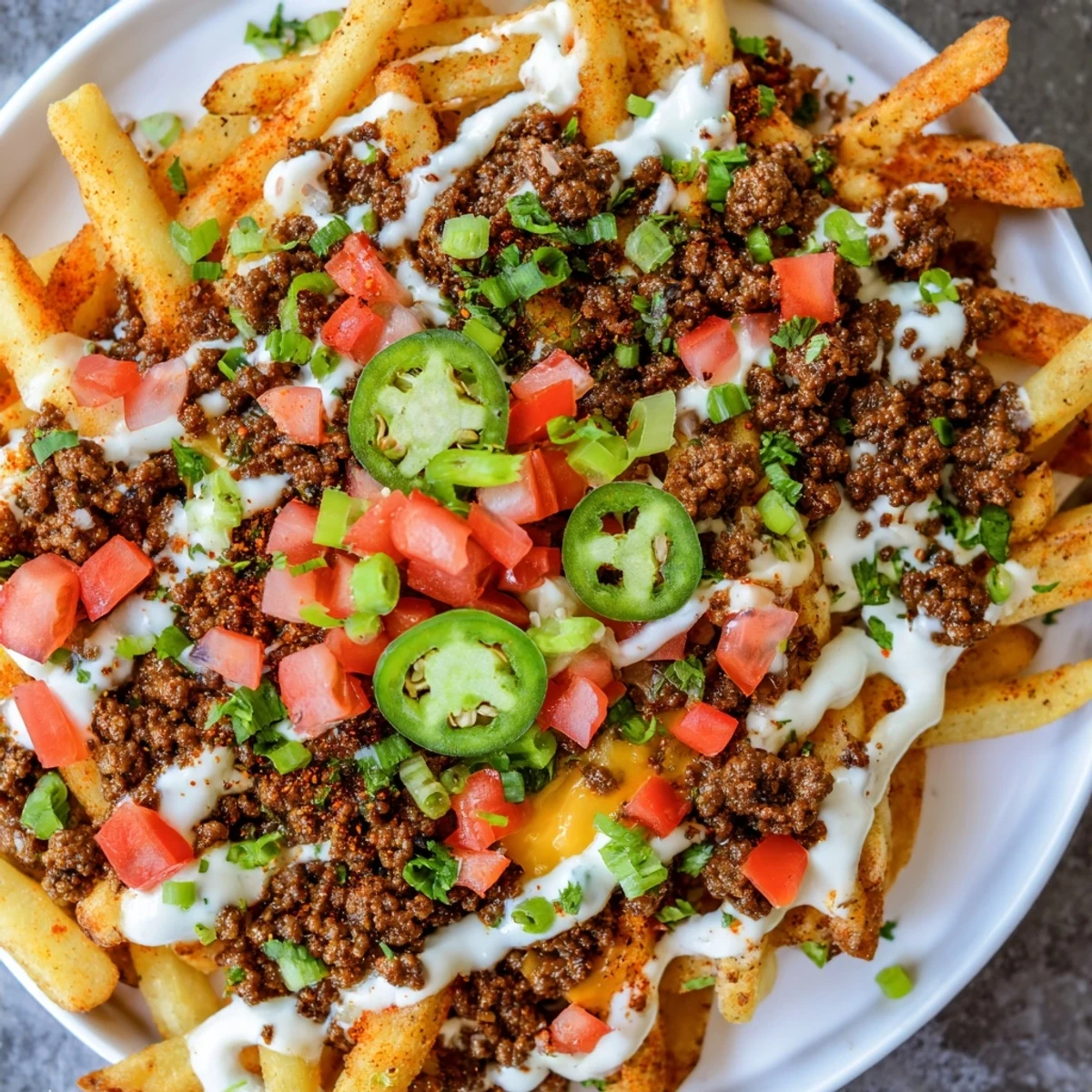 Golden, crispy Loaded Nacho Fries with Queso and Beef are piled high on a platter, smothered in creamy cheese sauce and seasoned beef.  