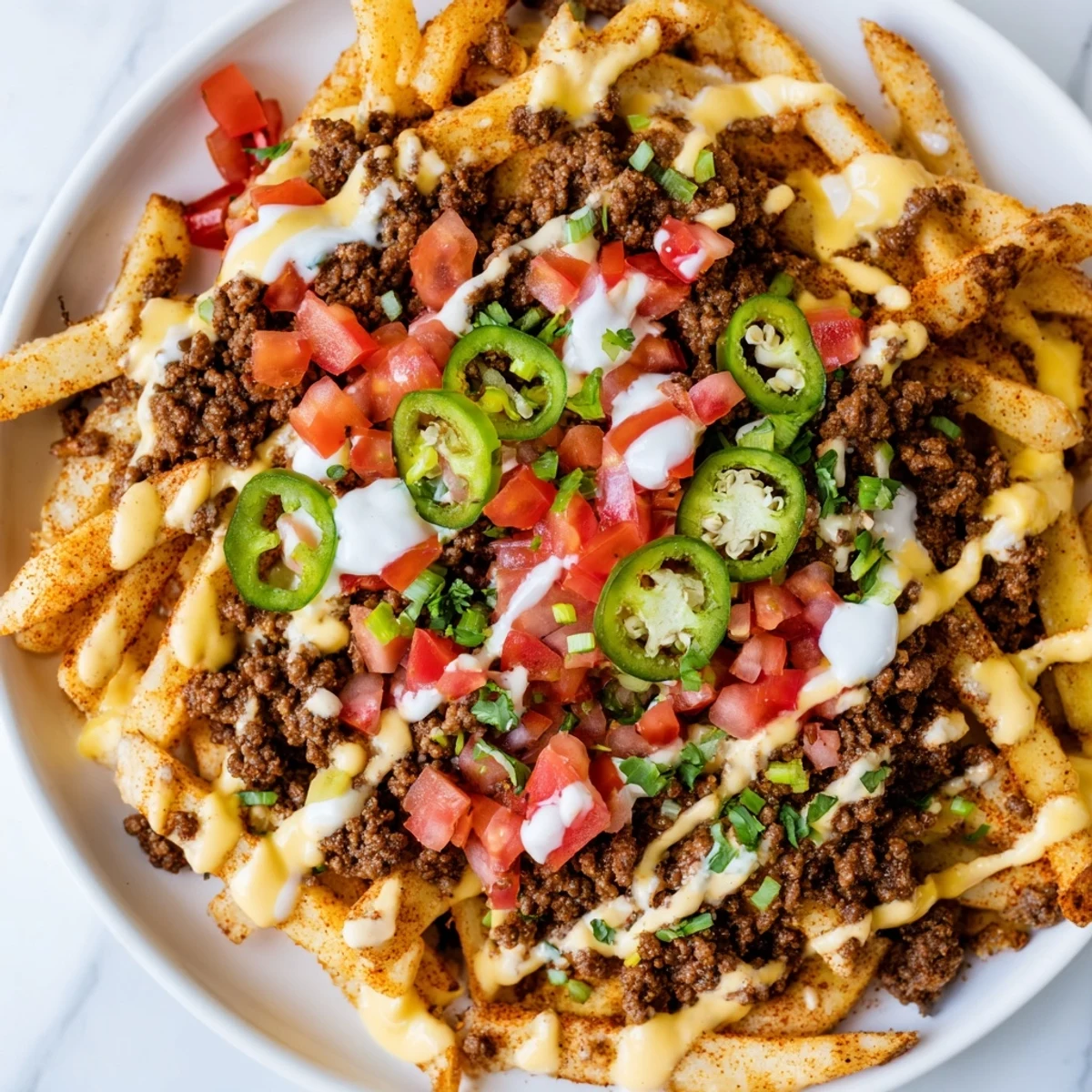 Steaming Loaded Nacho Fries with Queso and Beef are served with a dollop of sour cream for a perfect party snack.