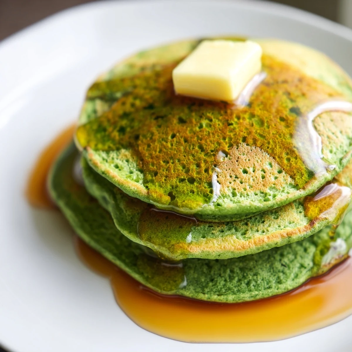 Stack of fluffy, vibrant green pancakes drizzled with warm maple syrup, served for a wholesome American breakfast.  