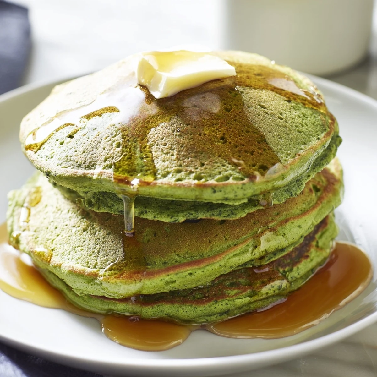 Golden-brown green pancakes on a plate, topped with a pat of butter and sweet maple syrup.  