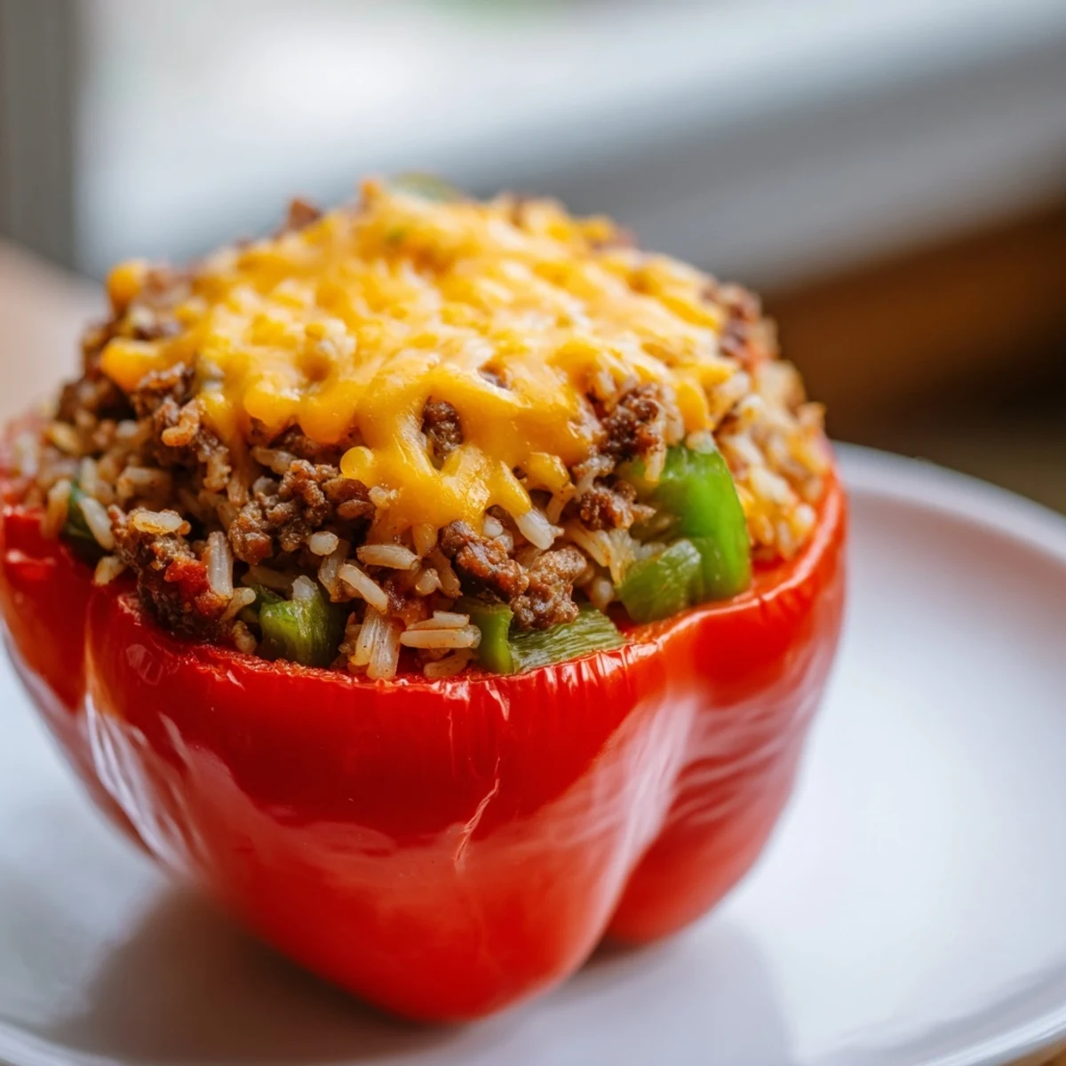 Golden-brown Creole Stuffed Peppers with Rice and Beef bake in a dish, topped with melted cheddar cheese and fresh parsley garnish.