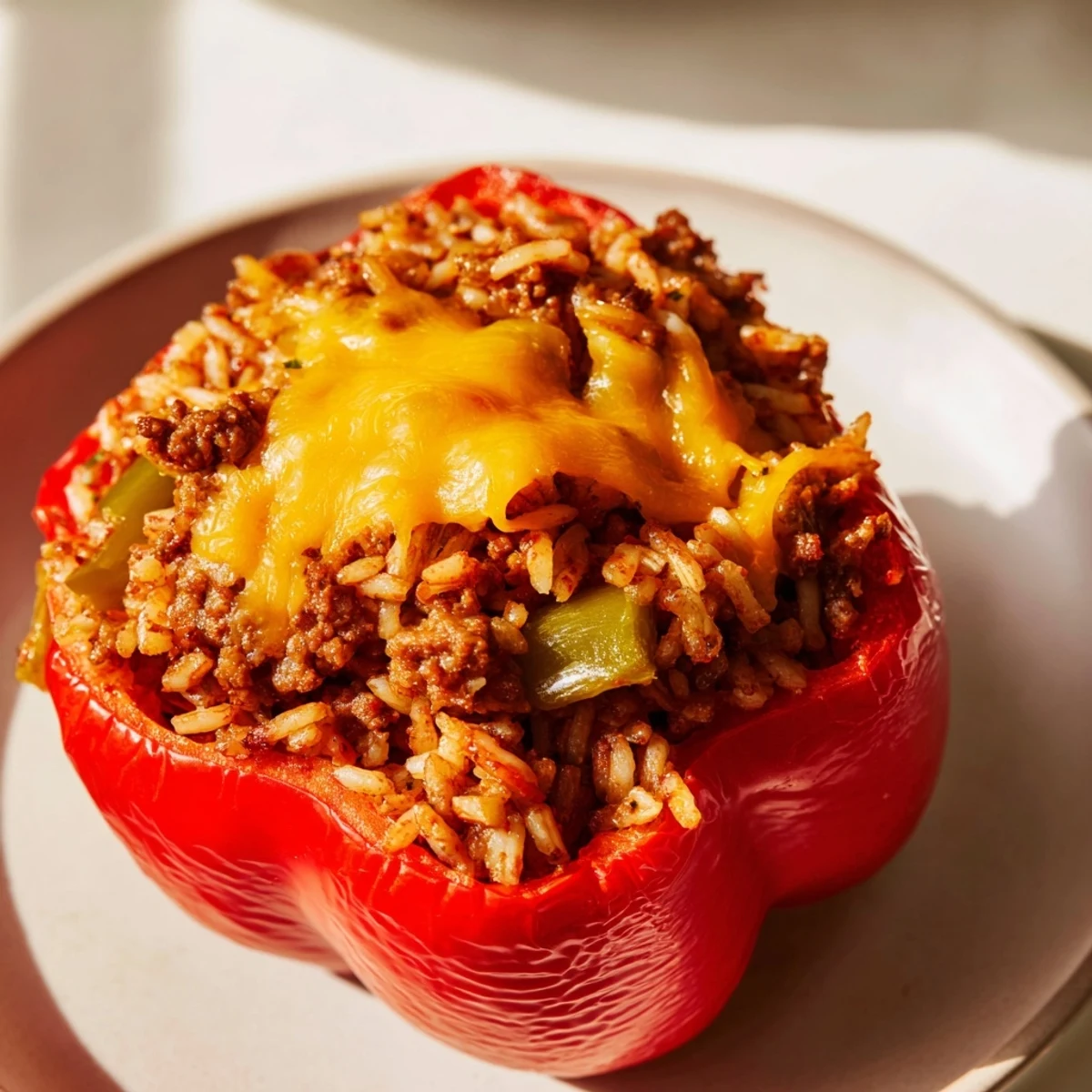 Freshly baked Creole Stuffed Peppers with Rice and Beef showcase tender bell peppers filled with a savory, spicy ground beef mixture.