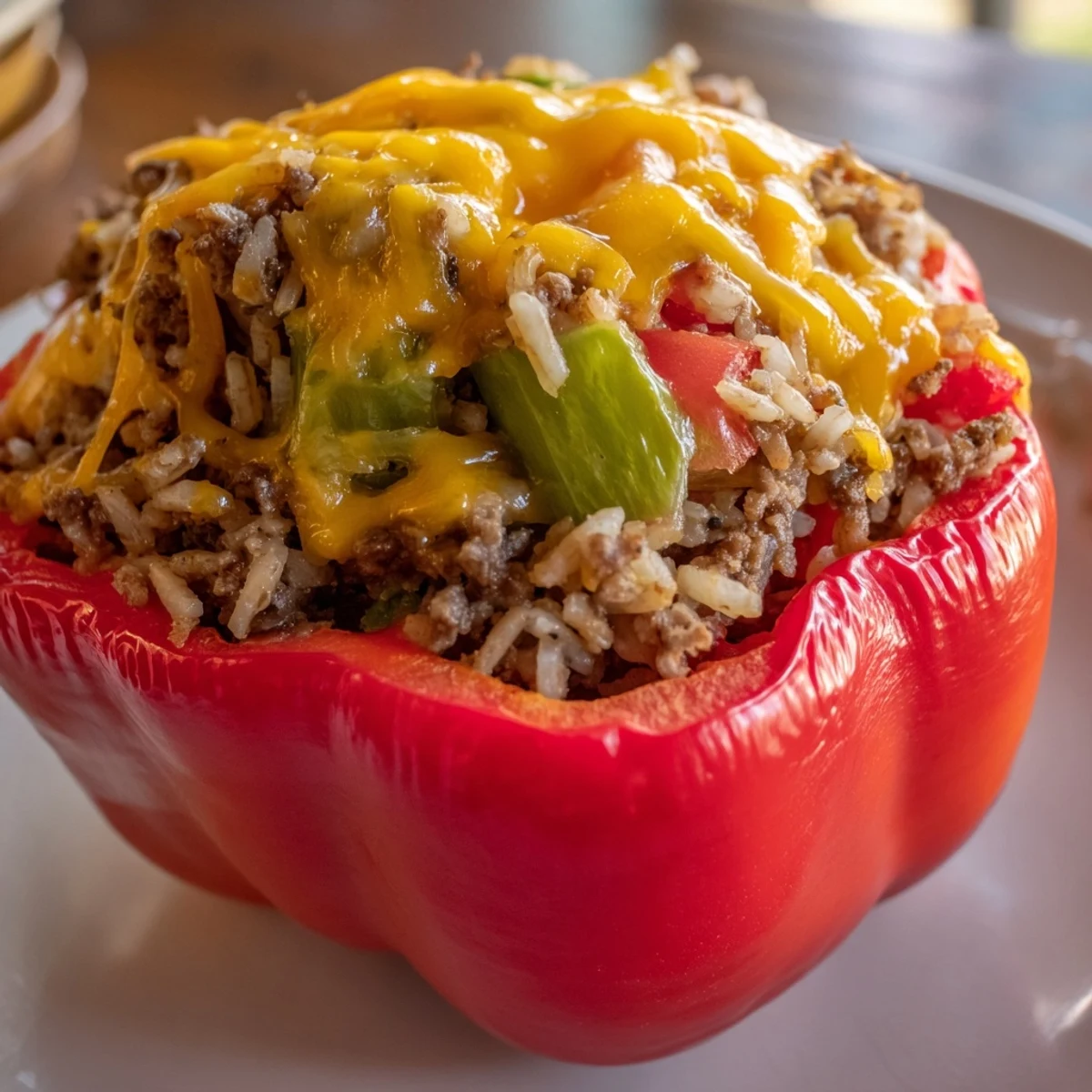 Creole Stuffed Peppers with Rice and Beef sit on a rustic wooden table, garnished with chopped green onions for a vibrant finish.
