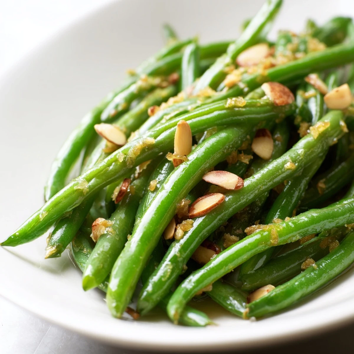 Bright green beans tossed with lemon zest and toasted almond slices in a white serving bowl.
