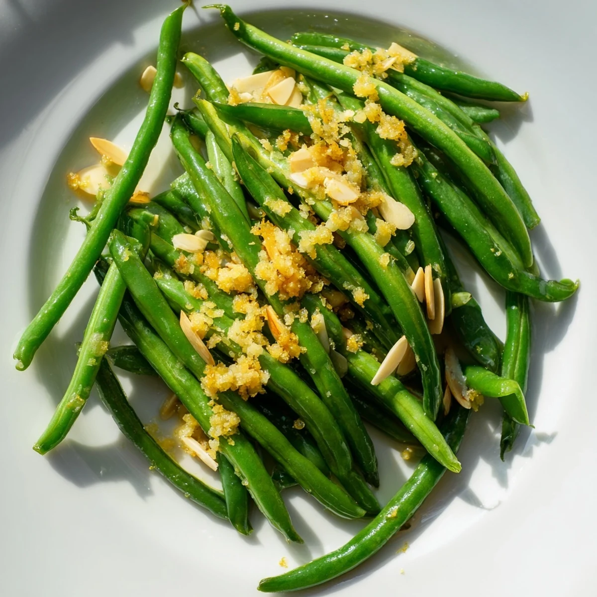 Crisp-tender green beans with lemon and toasted almonds served alongside roasted chicken on a dinner plate.