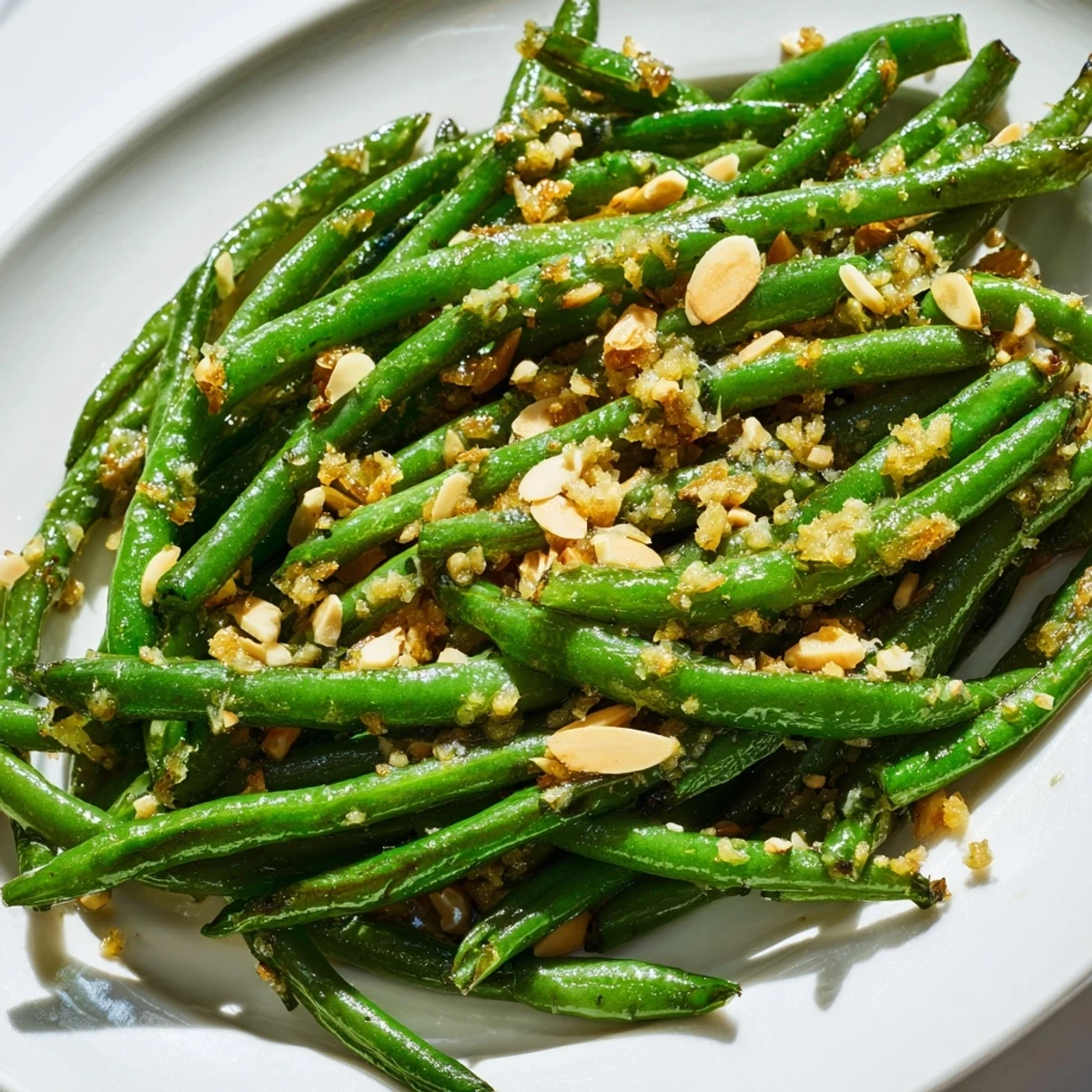 Garlic-sautéed green beans garnished with lemon zest and crunchy sliced almonds, ready to serve.