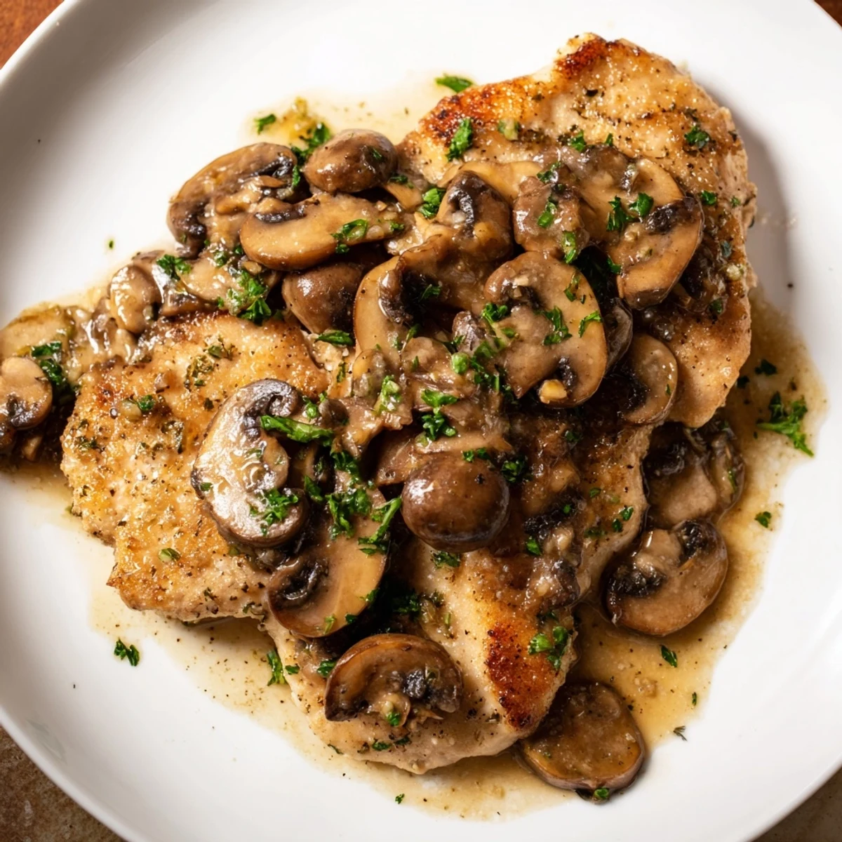 Tender chicken breasts smothered in a rich Marsala mushroom sauce, garnished with fresh parsley.