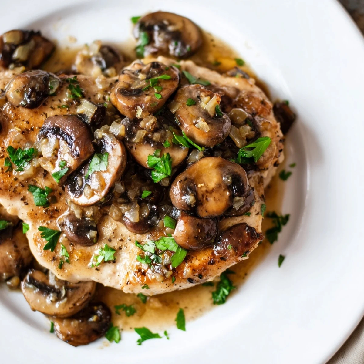 Golden, pan-seared Chicken Marsala with mushrooms served alongside creamy mashed potatoes.