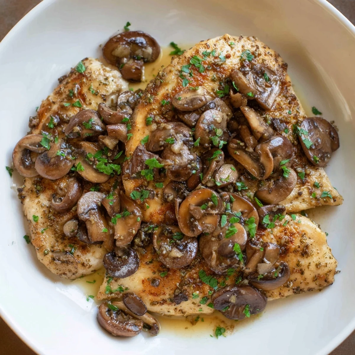 Plate of classic Chicken Marsala featuring earthy mushrooms, glossy sauce, and bright parsley garnish.