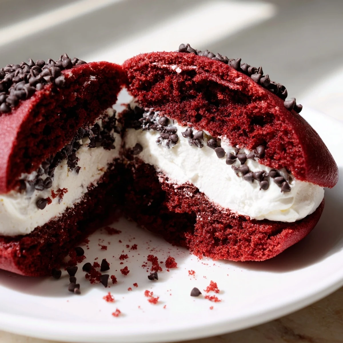 Stacked Red Velvet Whoopie Pies with marshmallow filling, soft cakes visible.