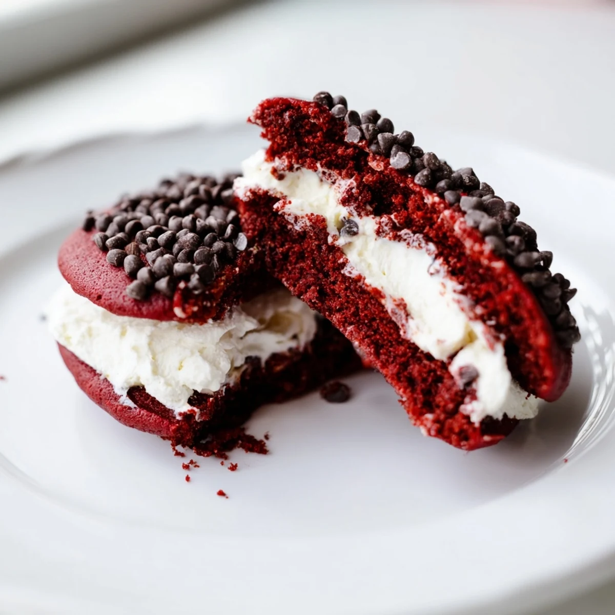 A close-up of Red Velvet Whoopie Pies with Marshmallow Filling, showing creamy texture.