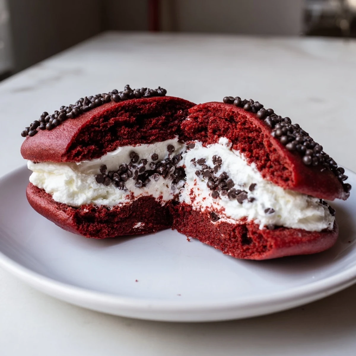 Four Red Velvet Whoopie Pies on a white plate, ready to serve.