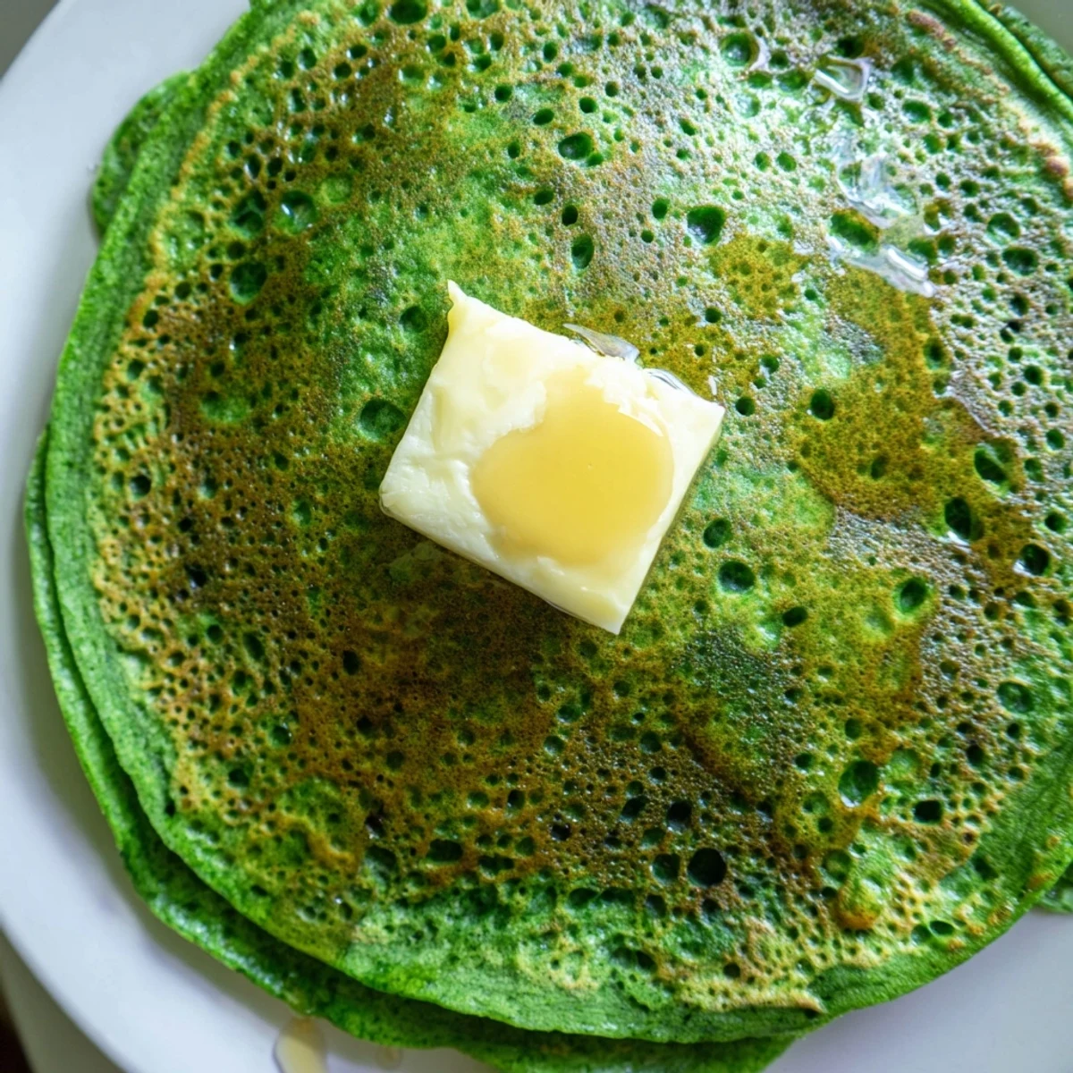 Stack of fluffy green pancakes on a white plate, drizzled with rich maple syrup and topped with melting butter.