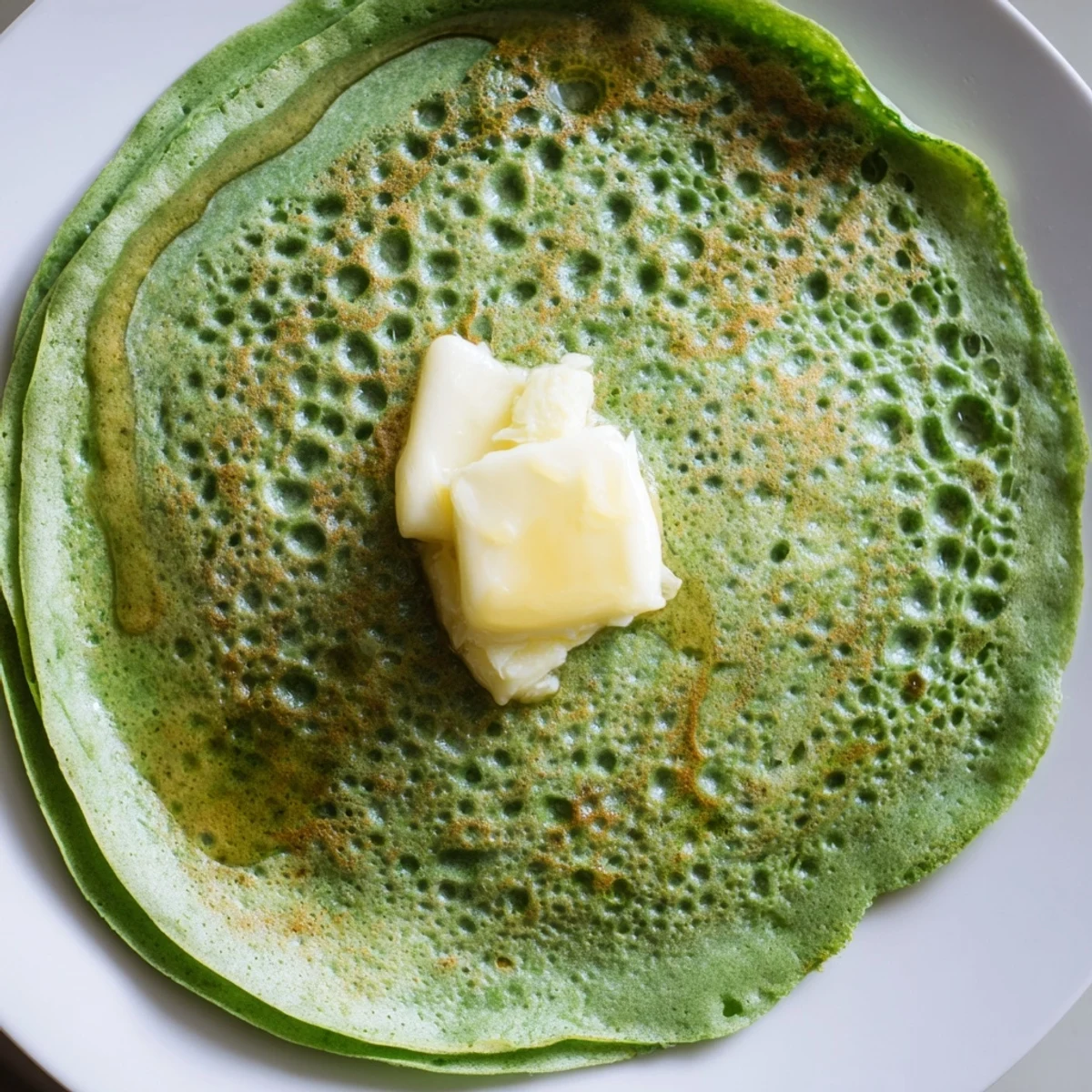 Golden-edged, fluffy green pancakes served hot, with a generous pour of maple syrup and a pat of butter.