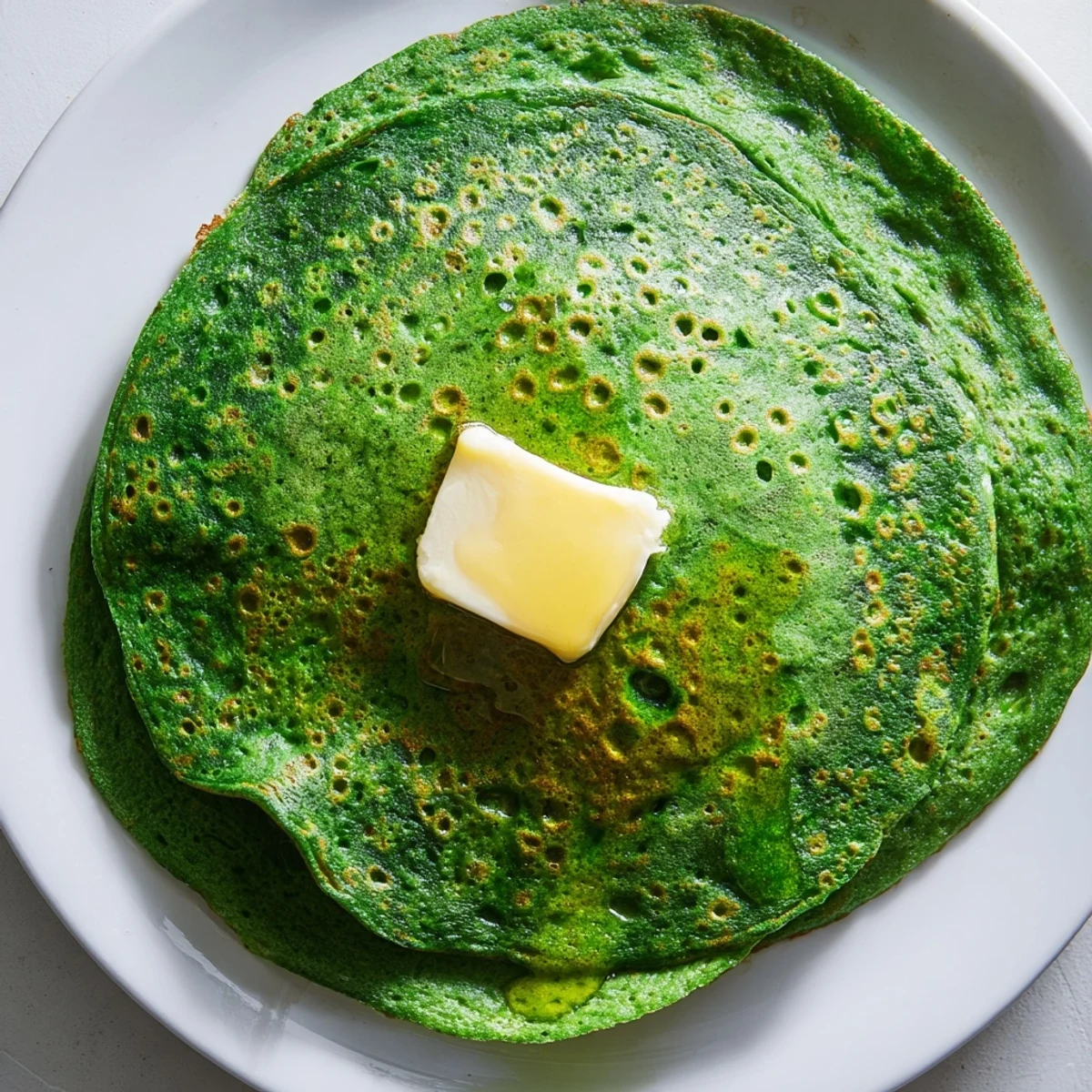 Vibrant spinach pancakes stacked high, topped with melting butter and drizzled with warm maple syrup for breakfast.