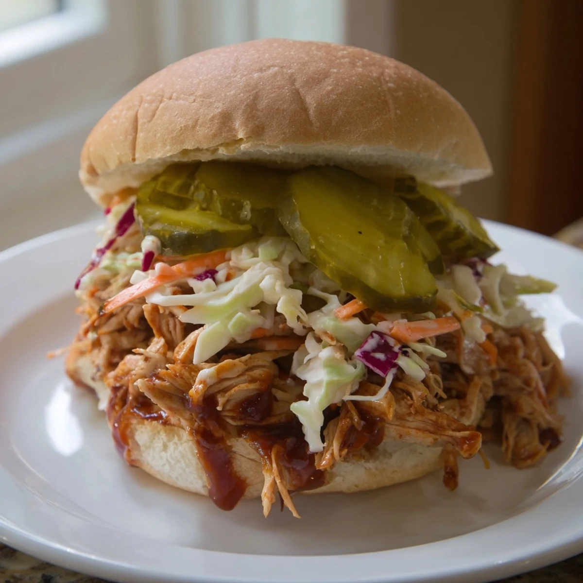 Toasted brioche buns are piled high with tender pulled chicken, crunchy slaw, and tangy dill pickle slices.  
