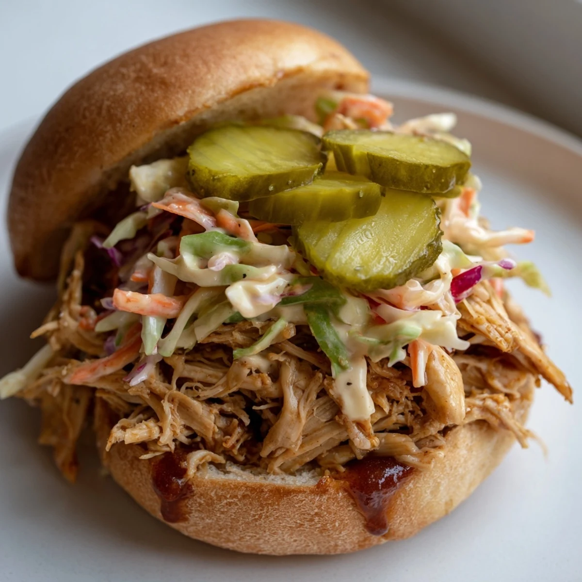 Juicy pulled chicken, crisp slaw, and dill pickles stacked on soft sandwich buns, ready to serve.