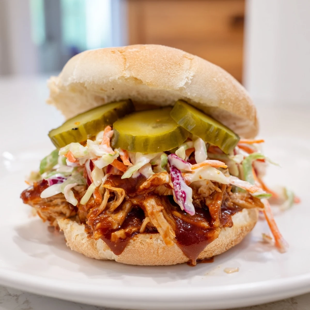 Heaping plate of American-style pulled chicken sandwiches with slaw and pickle for a hearty dinner.  