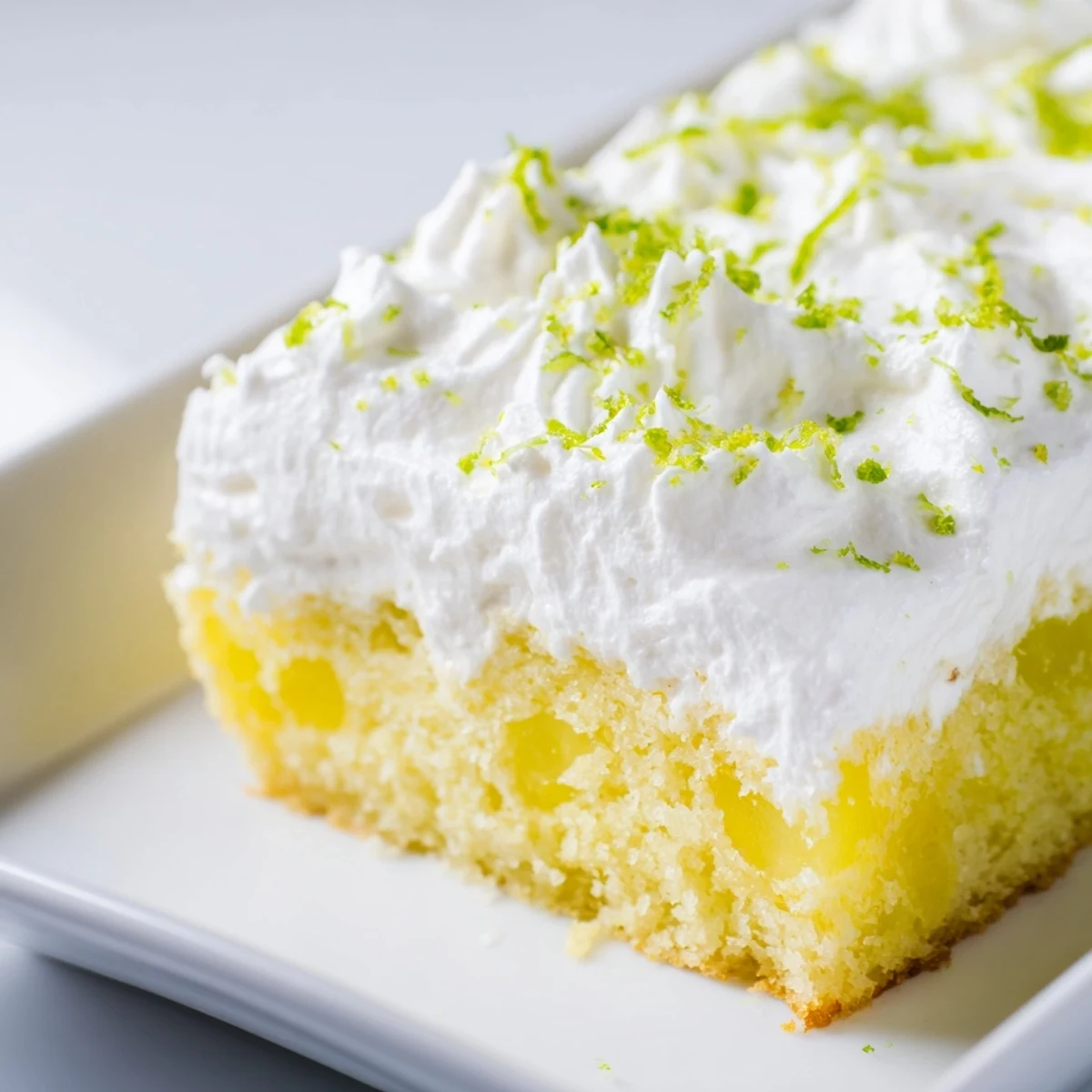 A freshly baked Lime Poke Cake with Whipped Topping, sliced to reveal the vibrant green gelatin inside, perfect for summer gatherings.
