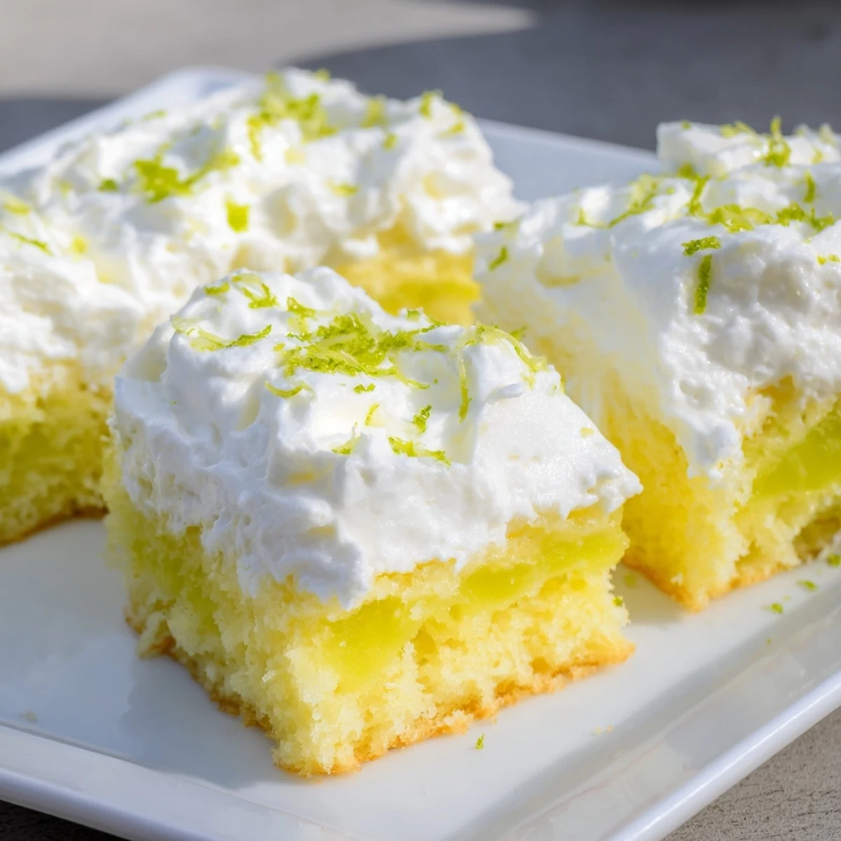 A close-up of Lime Poke Cake with Whipped Topping, featuring fluffy cream, lime zest, and a slice on a chilled plate.