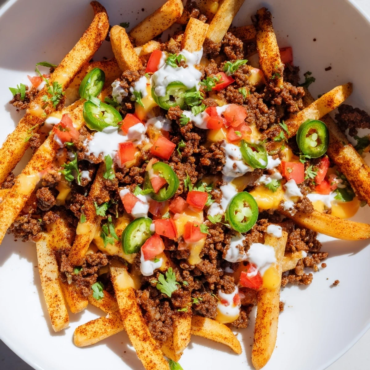 Golden crispy Loaded Nacho Fries with Queso and Beef are piled high on a platter, topped with creamy cheese sauce, seasoned ground beef, tomatoes, and fresh jalapeños.  