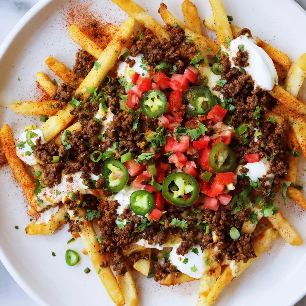 Loaded Nacho Fries with Queso and Beef are arranged on a rustic table next to a cold beer and lime wedges, perfect for a casual game-day gathering.  