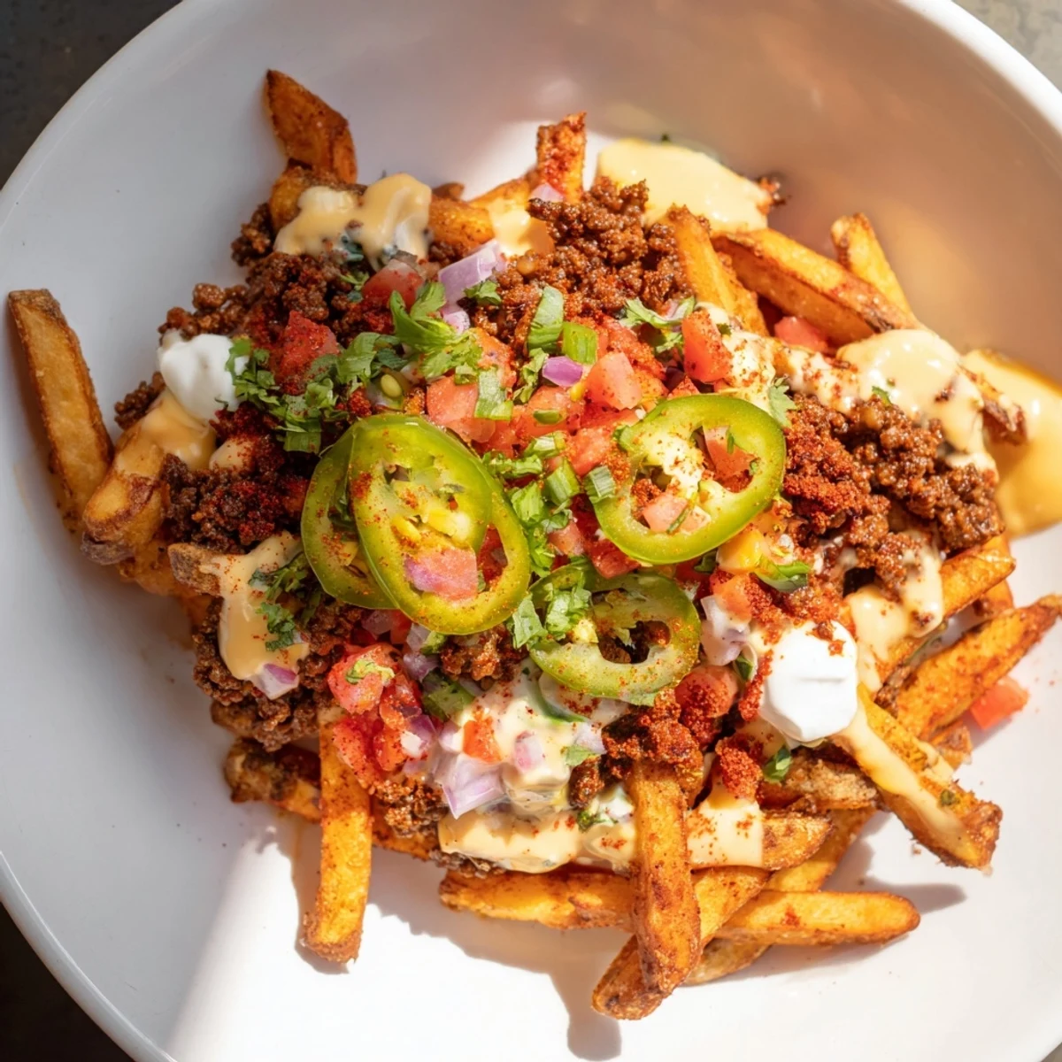 A close-up view of Loaded Nacho Fries with Queso and Beef shows melted cheddar queso dripping over seasoned beef and crispy fries, garnished with green onions and cilantro.
