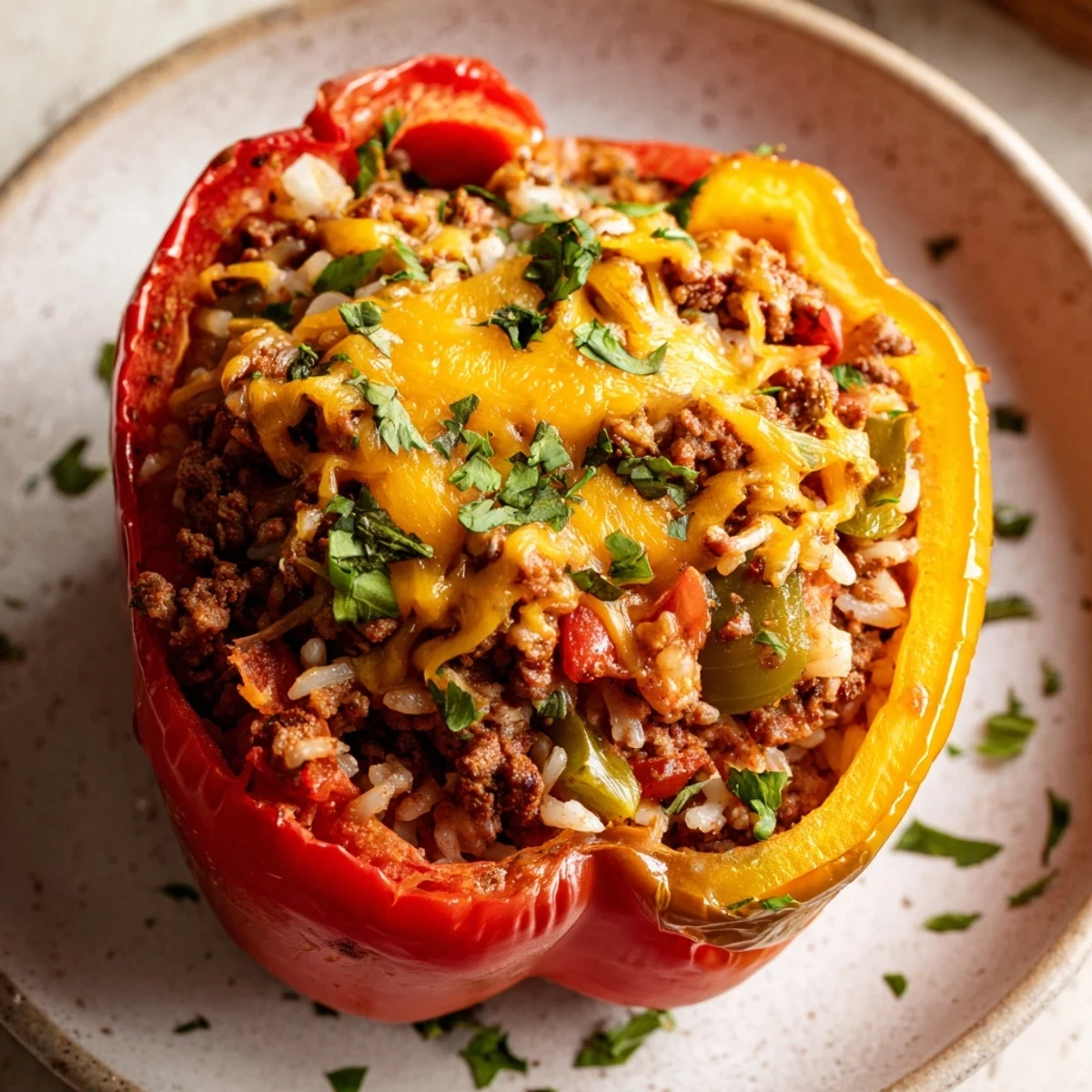 Golden-baked Creole Stuffed Peppers with Rice and Beef, filled with a hearty savory blend and topped with melted cheddar cheese.  