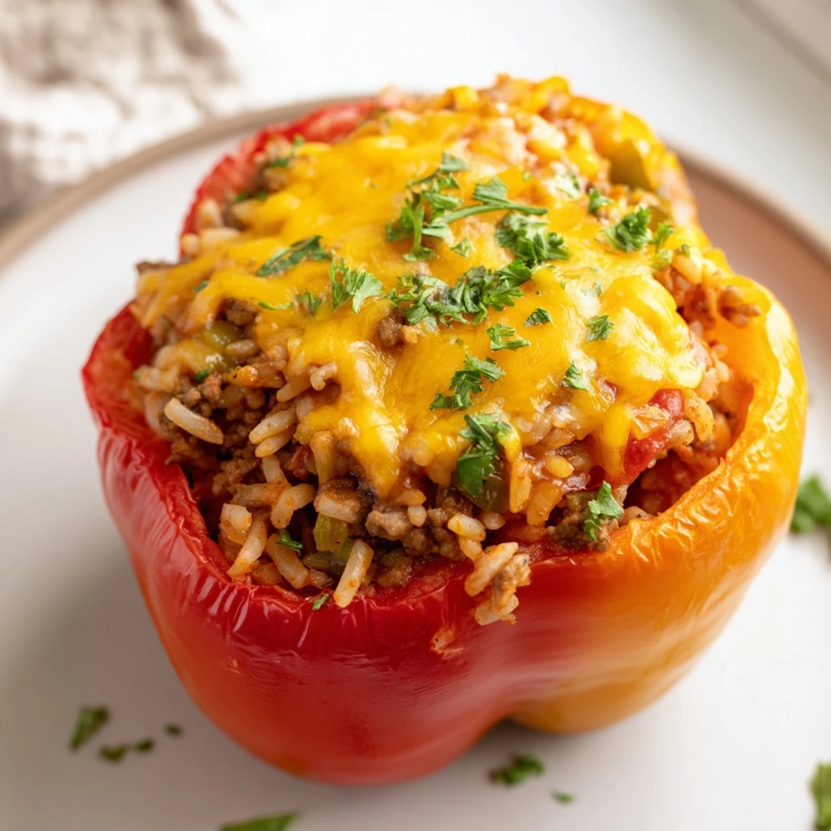 A close-up of Creole Stuffed Peppers with Rice and Beef, revealing tender bell peppers holding a flavorful, spice-blended filling.