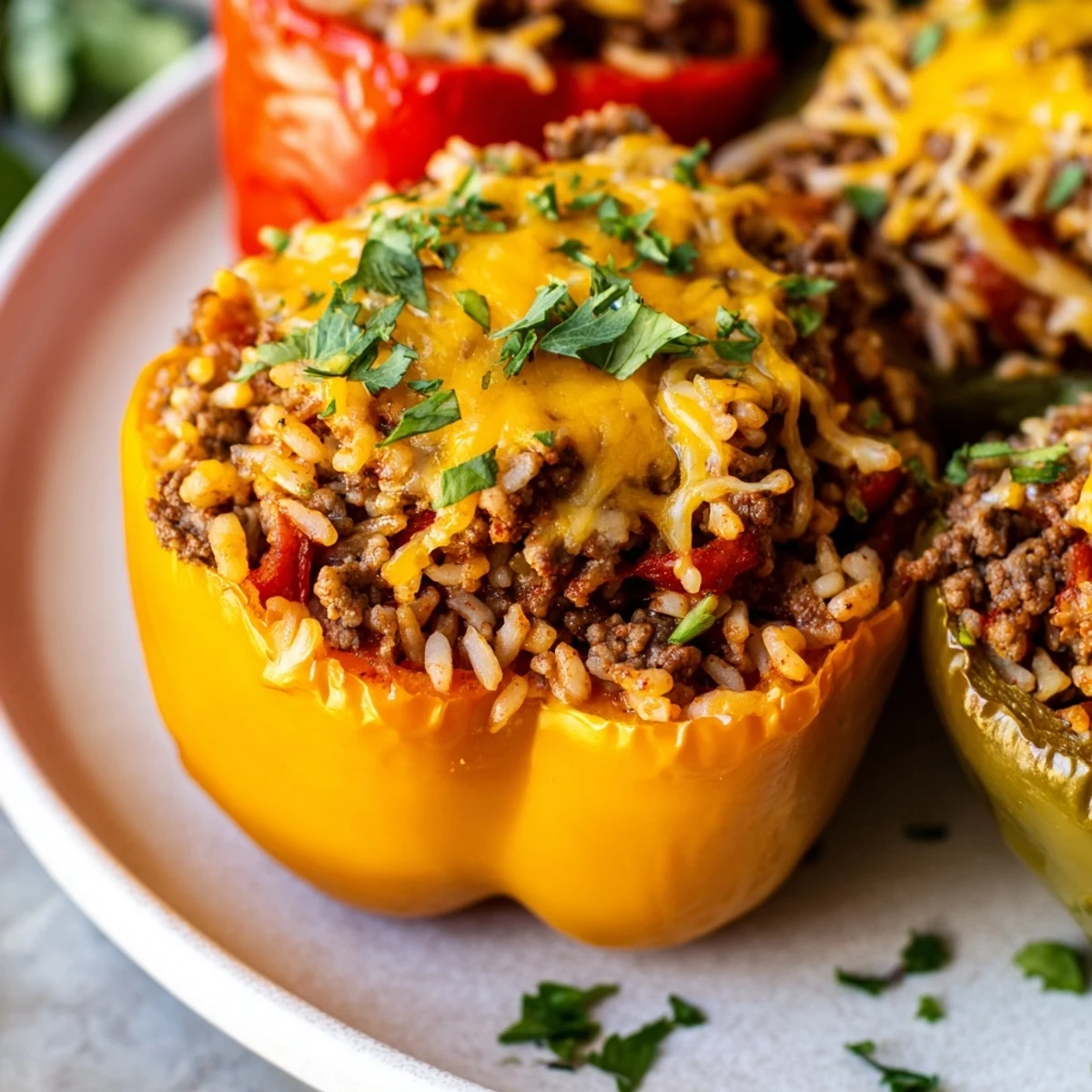 Four colorful Creole Stuffed Peppers with Rice and Beef, garnished with fresh parsley and served in a rustic baking dish.  