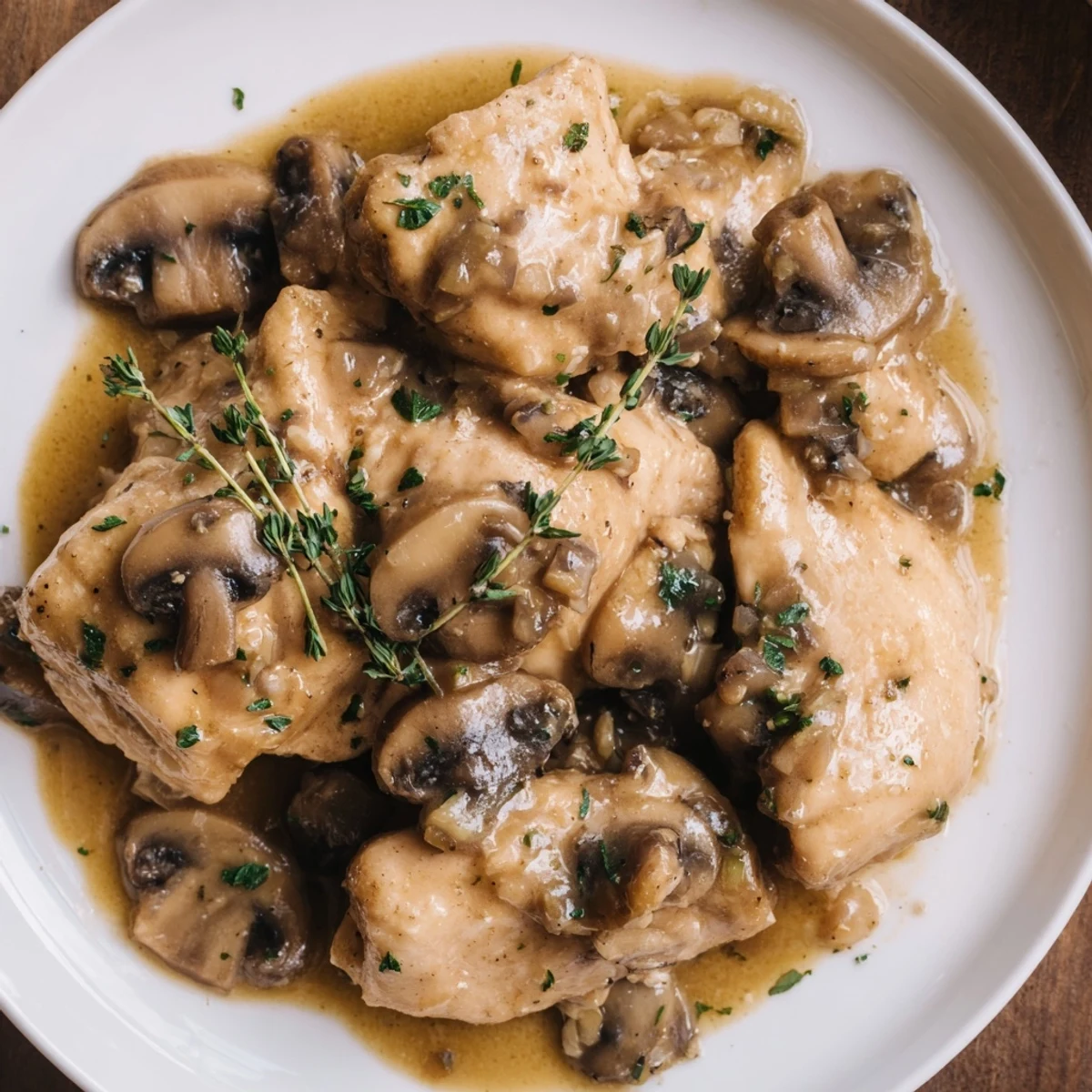 Golden, pan-seared chicken breasts simmered in a rich Marsala wine sauce with sautéed cremini mushrooms and fresh parsley garnish.