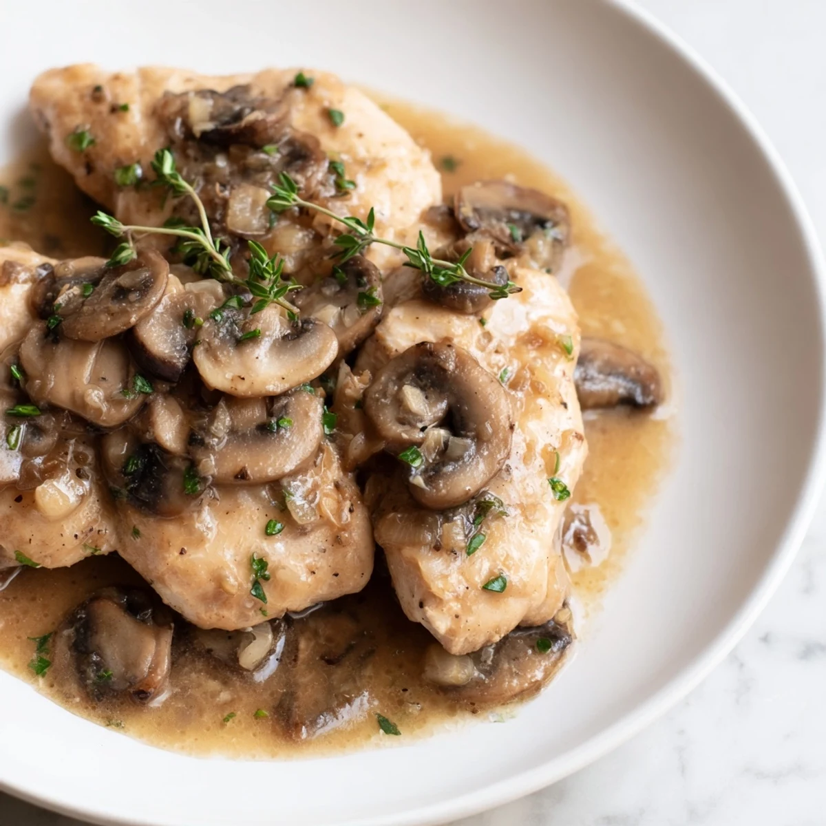 A close-up of succulent chicken marsala, garnished with chopped parsley and lemon wedges, highlighting the bubbling Marsala and mushroom sauce.