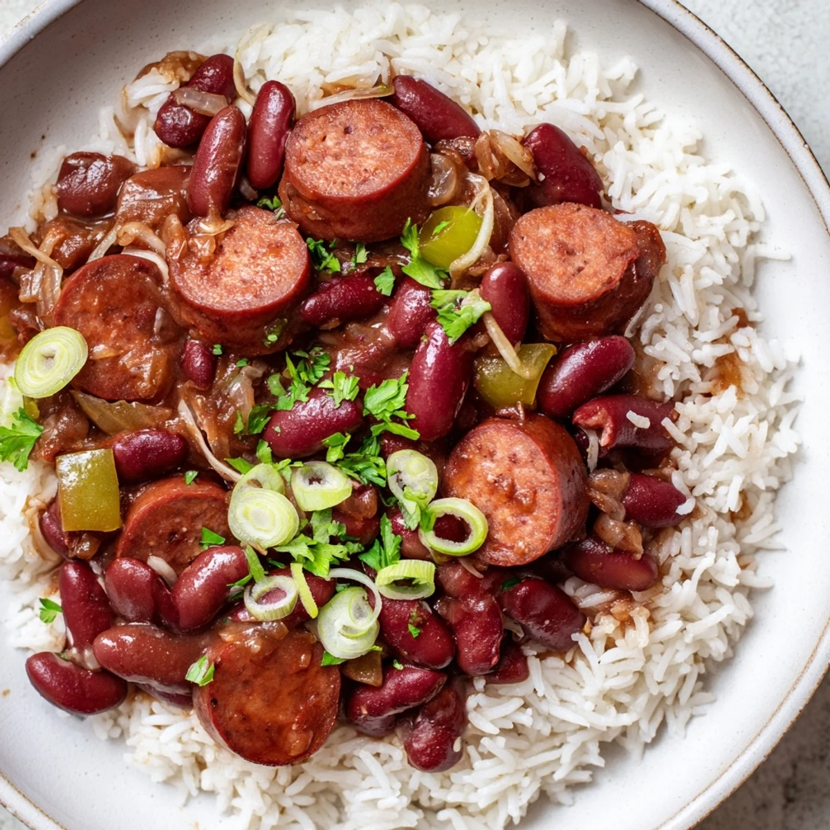 Red beans and rice with beef sausage served as a comforting Creole main dish, garnished with fresh parsley and green onions.
