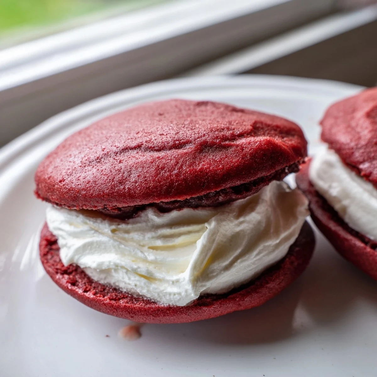 A close-up view of a Red Velvet Whoopie Pie with Marshmallow Filling, showing the soft, cake-like texture of the cookies.