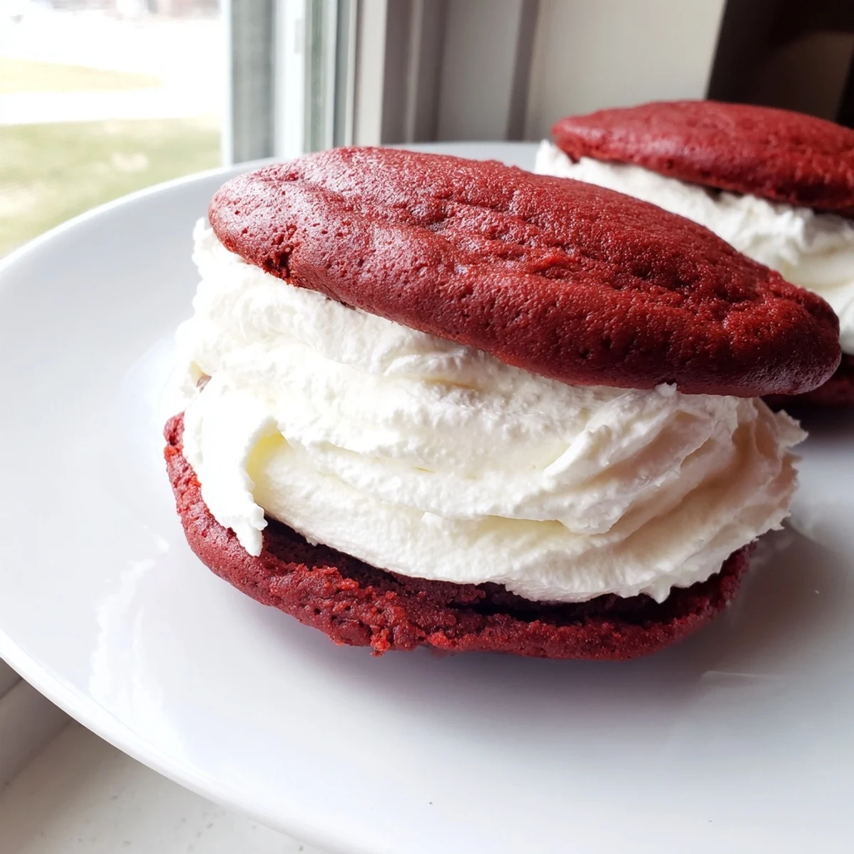 Two bright red velvet cookies with a fluffy white marshmallow filling sandwiched between them, resting on a rustic wooden board.