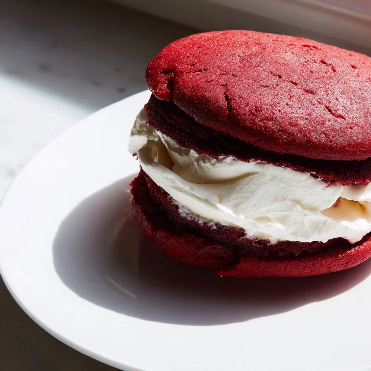 Freshly baked Red Velvet Whoopie Pies stacked on a cooling rack, ready to be enjoyed with a cold glass of milk.