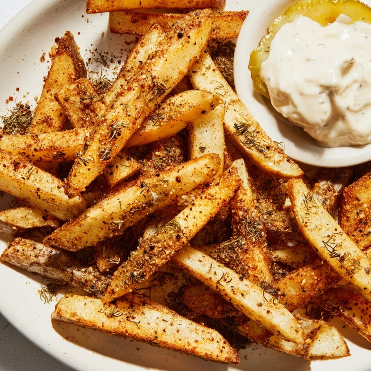 A close-up of Cajun Spiced Fries with Remoulade Dip reveals a creamy, speckled sauce in a small white bowl, ready for dipping.