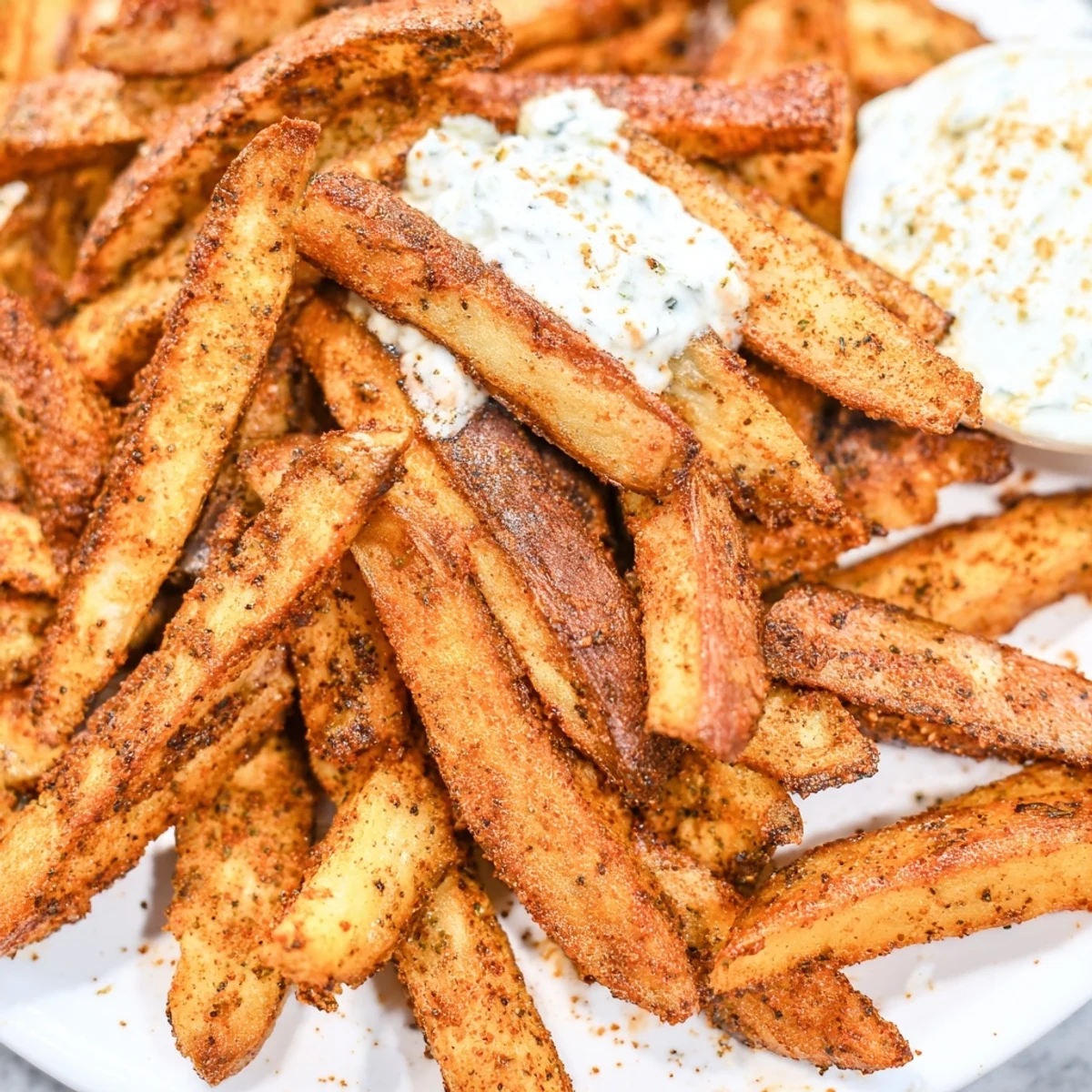 Golden-brown Cajun Spiced Fries with Remoulade Dip sit on a rustic wooden board, steam rising from the crispy seasoned edges.