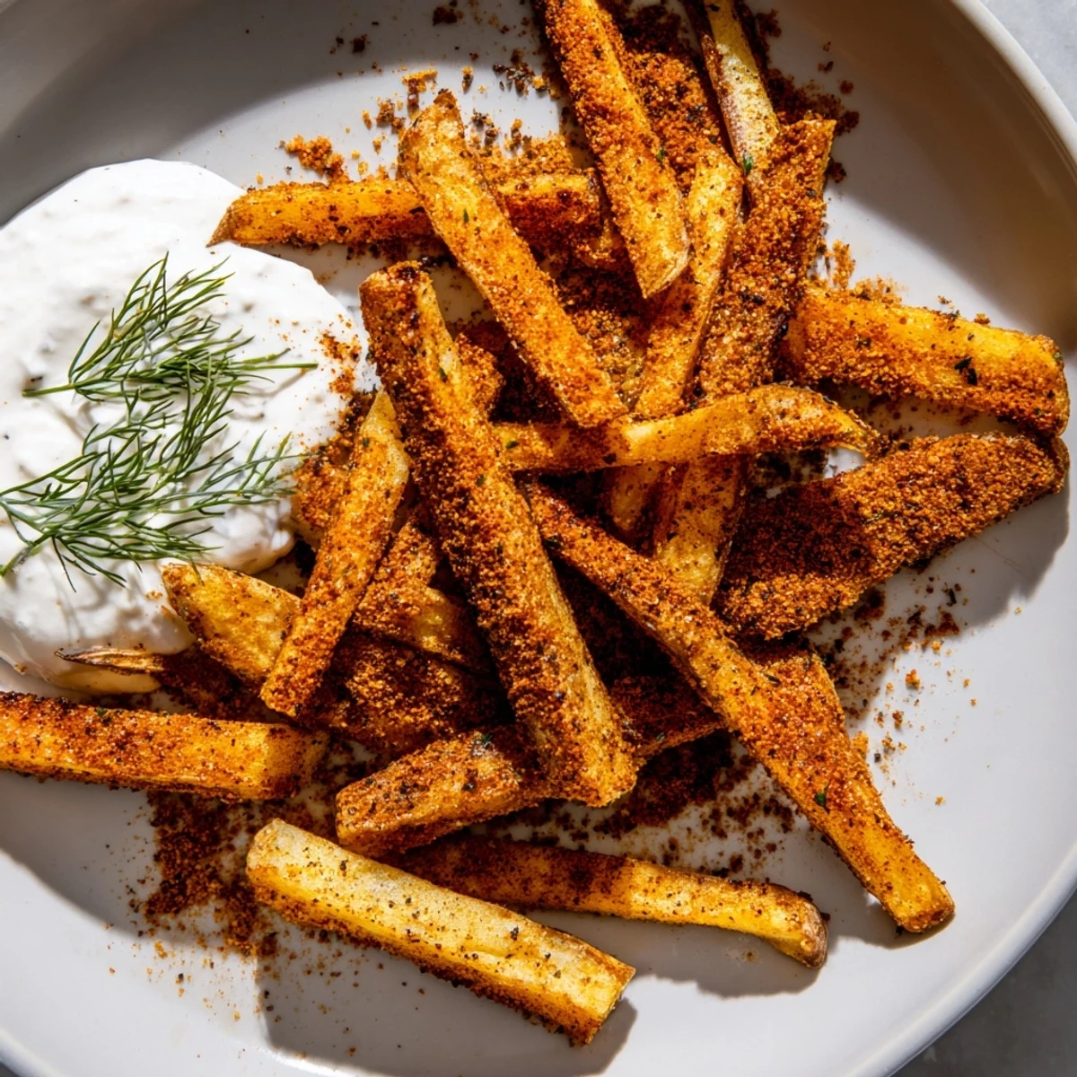 Overhead view of Cajun Spiced Fries with Remoulade Dip highlights a generous pile of crispy fries with fresh parsley garnish.