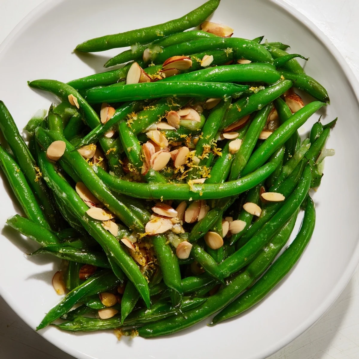 Tender green beans with lemon and toasted almonds glisten in a rustic serving dish, garnished with fresh zest.