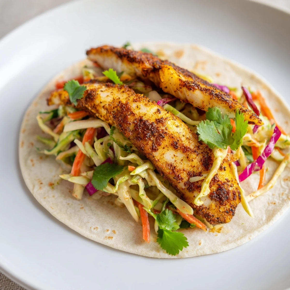 Cajun Spiced Fish Tacos with Slaw feature pan-seared tilapia fillets in warm corn tortillas, topped with creamy slaw and fresh cilantro garnish.