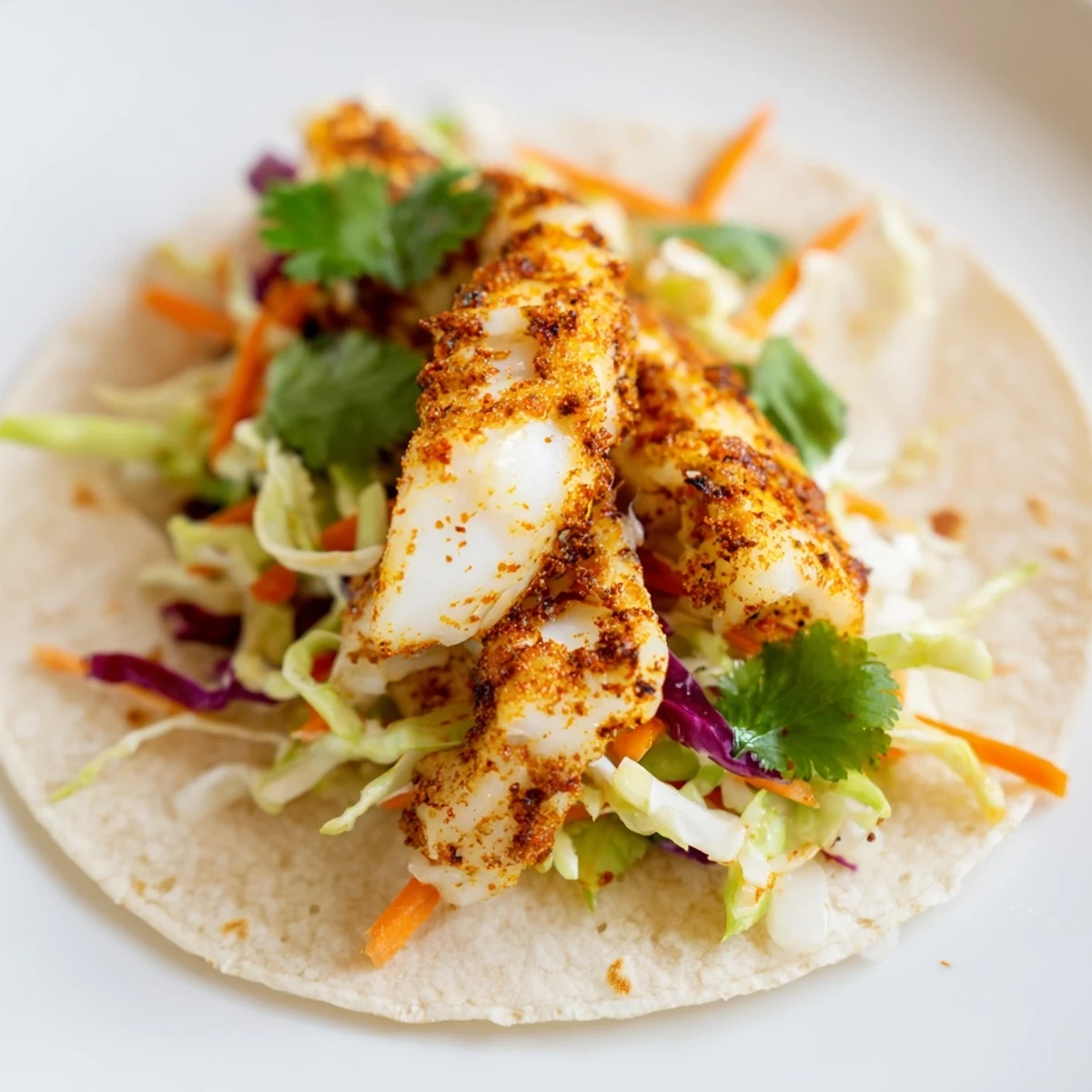 Golden-brown Cajun Spiced Fish Tacos with Slaw are served on a rustic table with lime wedges and a crisp, colorful cabbage topping.